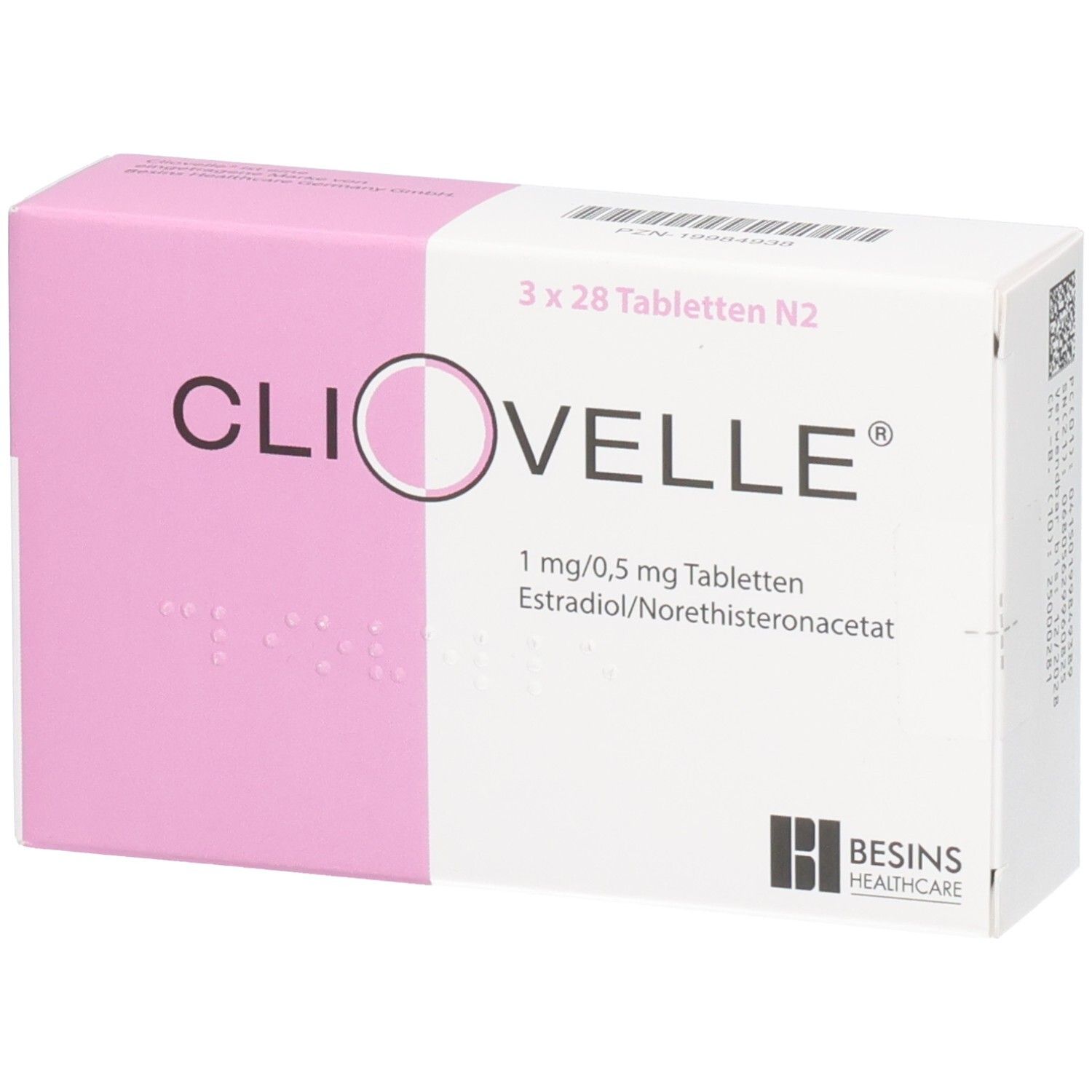 Schachtel mit CLIOVELLE Tabletten. Rosa-weiße Verpackung. Aufschrift: 3 x 28 Tabletten N2, 1 mg/0,5 mg Tabletten.