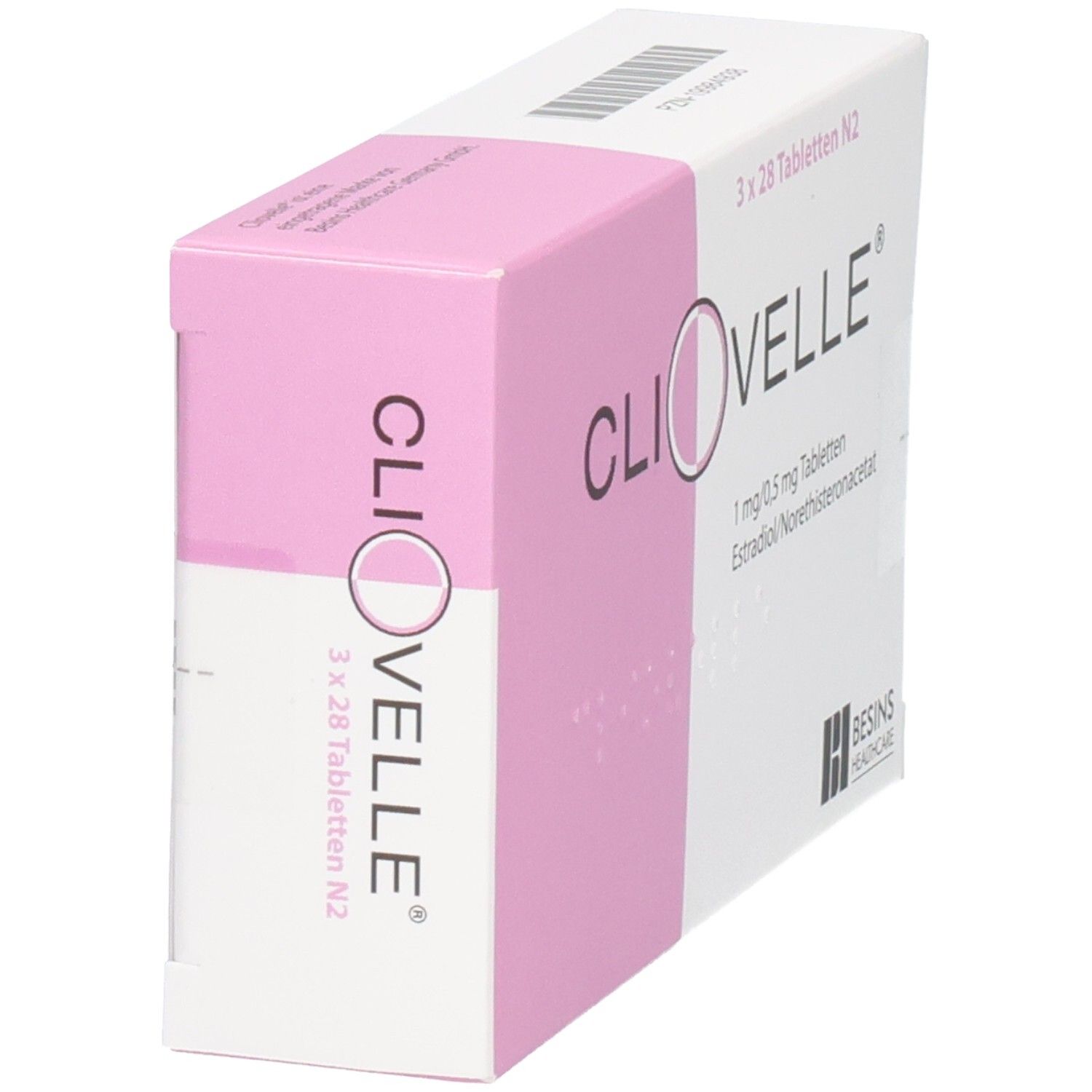 Schachtel CLIOVELLE Tabletten, schräg. Rosa-weiße Verpackung. Aufschrift: 3 x 28 Tabletten N2, CLIOVELLE, 1 mg/0,5 mg Tabletten.