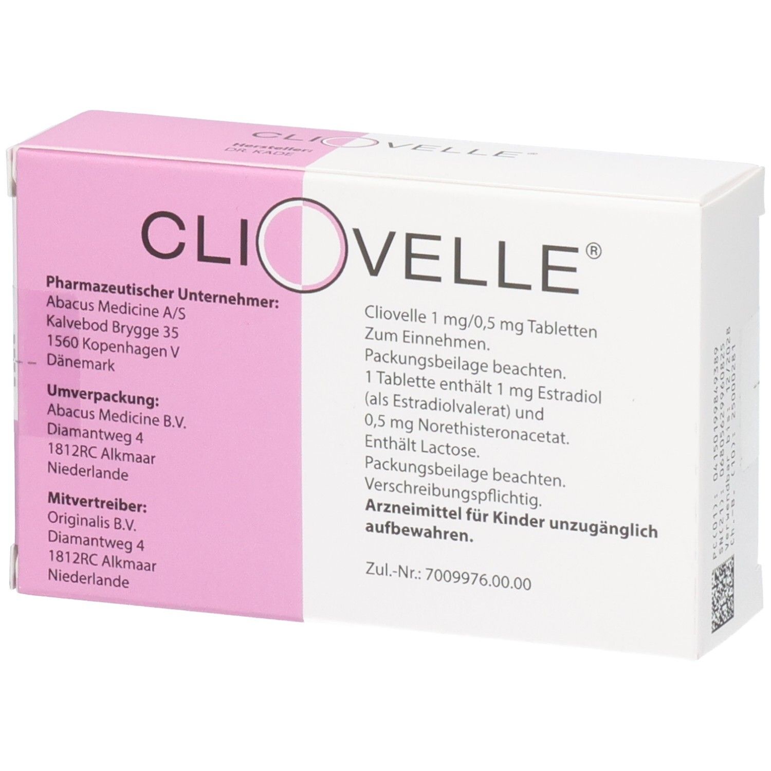 Schachtel CLIOVELLE Tabletten. Rosa-weiße Verpackung. Aufschrift: CLIOVELLE, 1 mg/0,5 mg Tabletten. Pharmazeutische Informationen.