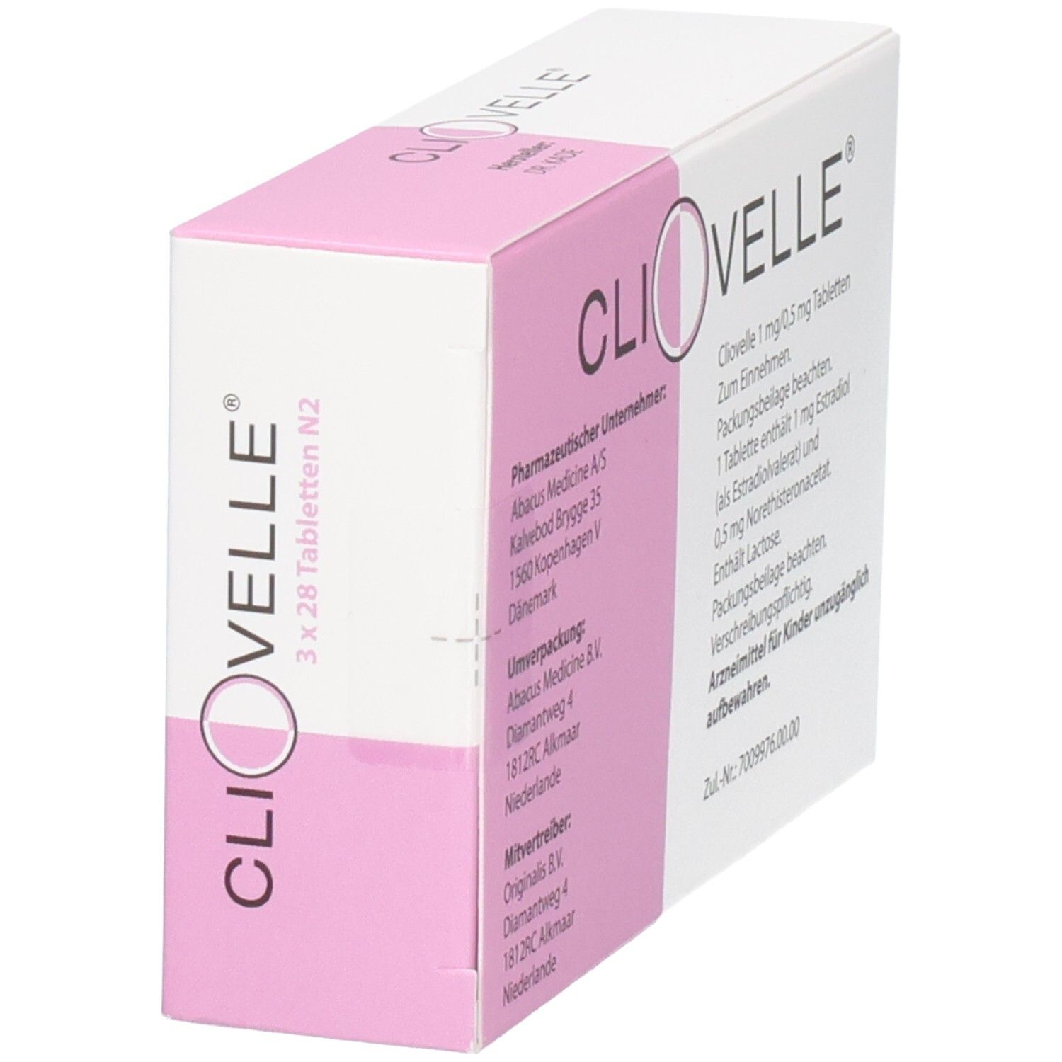 Schachtel CLIOVELLE Tabletten, schräg. Rosa-weiße Verpackung. Aufschrift: CLIOVELLE, 3 x 28 Tabletten N2. Pharmazeutische Informationen.