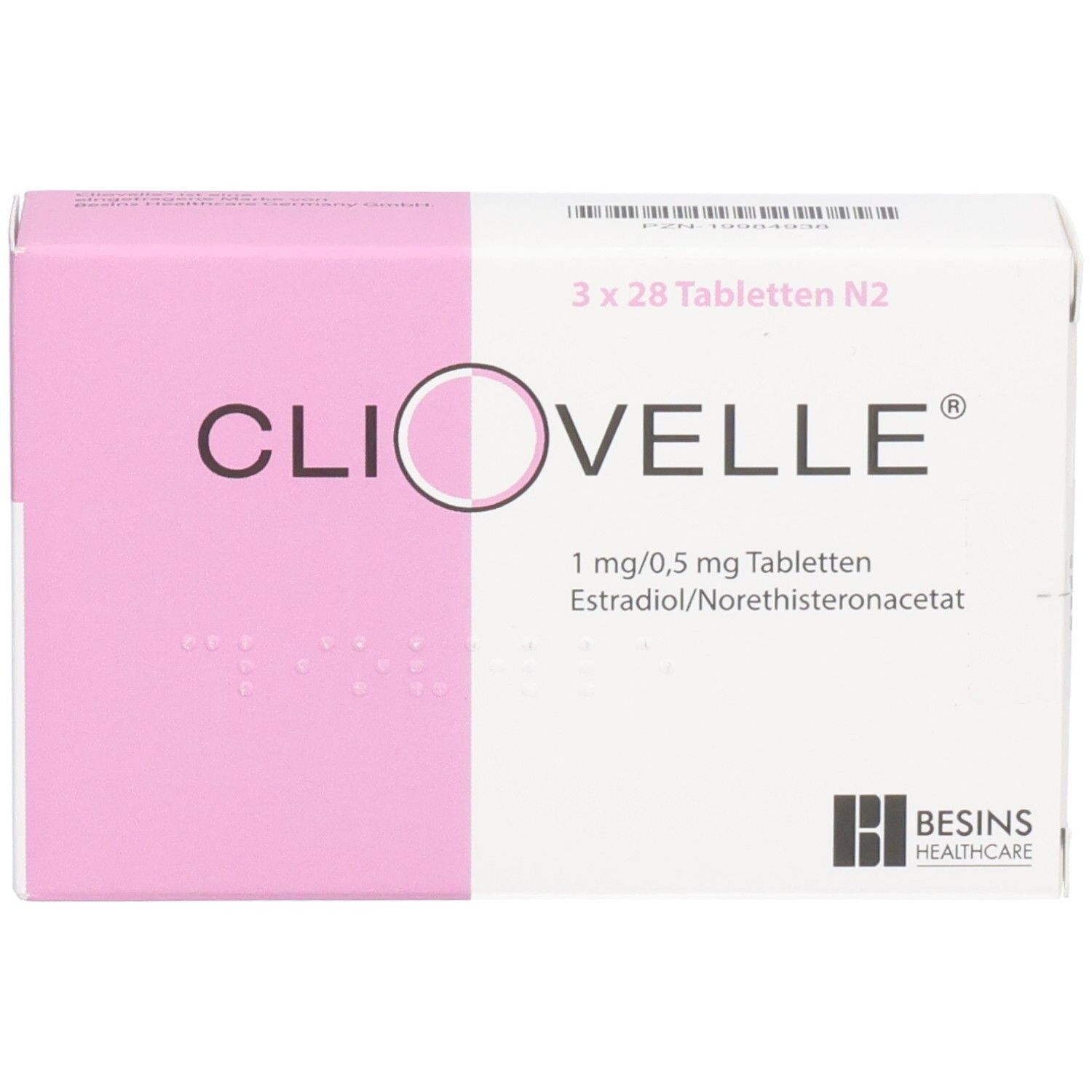 Schachtel mit CLIOVELLE Tabletten. Rosa-weiße Verpackung. Aufschrift: 3 x 28 Tabletten N2, 1 mg/0,5 mg Tabletten, Estradiol/Norethisteronacetat.