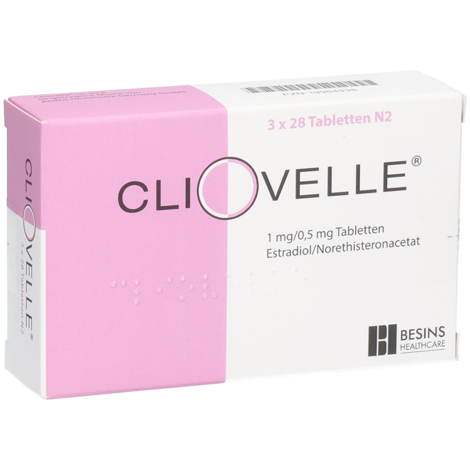 Schachtel mit CLIOVELLE Tabletten. Rosa-weiße Verpackung. Aufschrift: 3 x 28 Tabletten N2, 1 mg/0,5 mg Tabletten, Besins Healthcare.