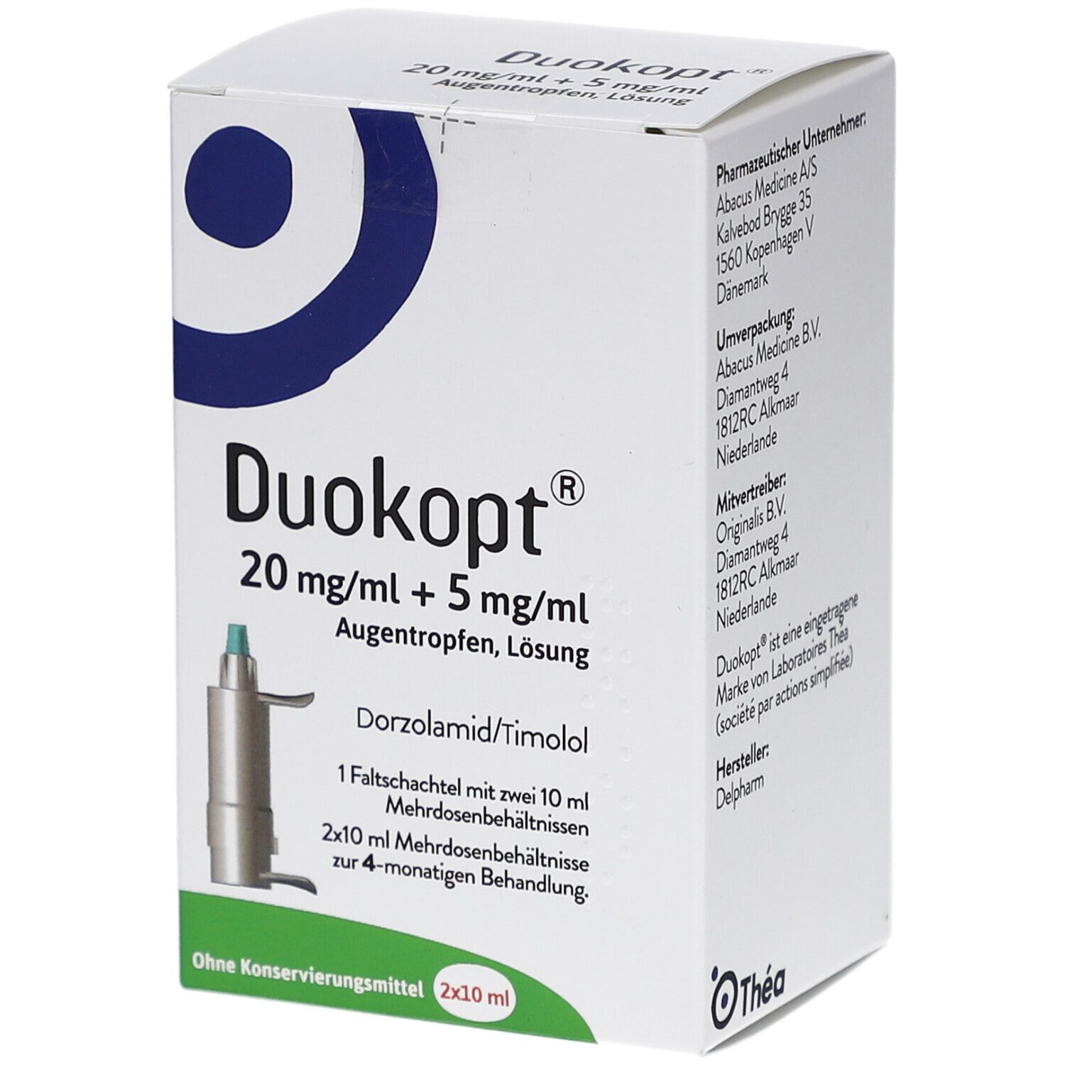 Faltschachtel mit Augentropfen. Aufschrift: Duokopt 20 mg/ml + 5 mg/ml Augentropfen, Lösung. Enthält 2x10 ml Mehrdosenbehältnisse.