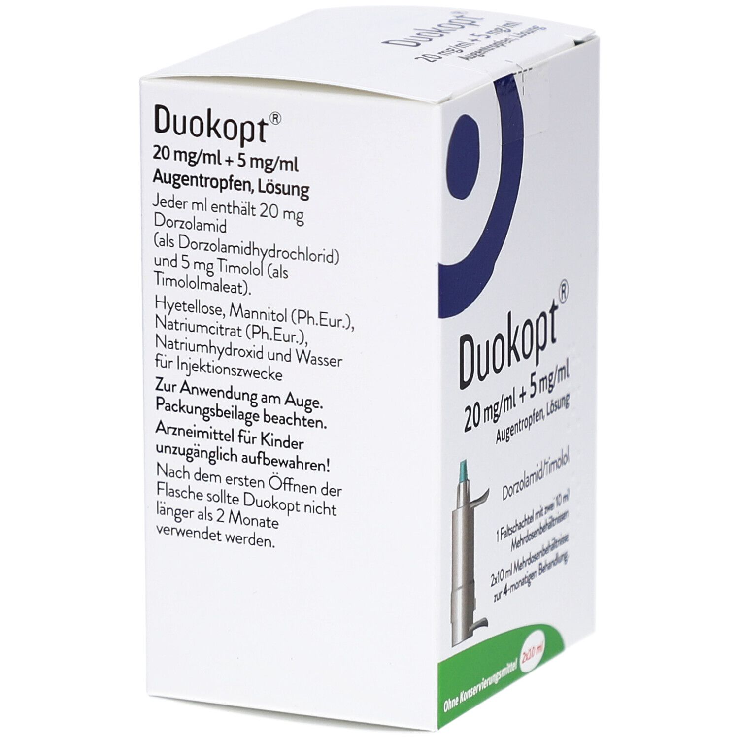 Faltschachtel mit Augentropfen. Aufschrift: Duokopt 20 mg/ml + 5 mg/ml Augentropfen, Lösung. Enthält Informationen zu Inhaltsstoffen und Anwendung.