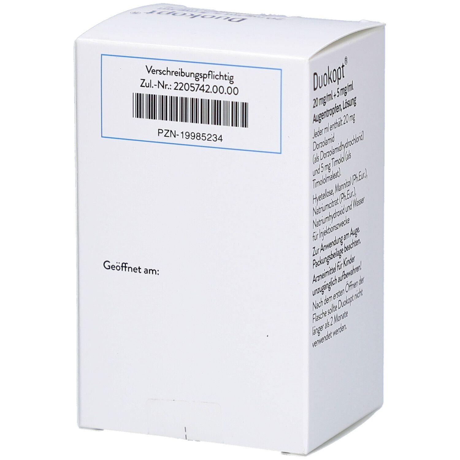 Faltschachtel mit Augentropfen. Aufschrift: Verschreibungspflichtig. Enthält Informationen zur Zulassungsnummer und PZN-Nummer.