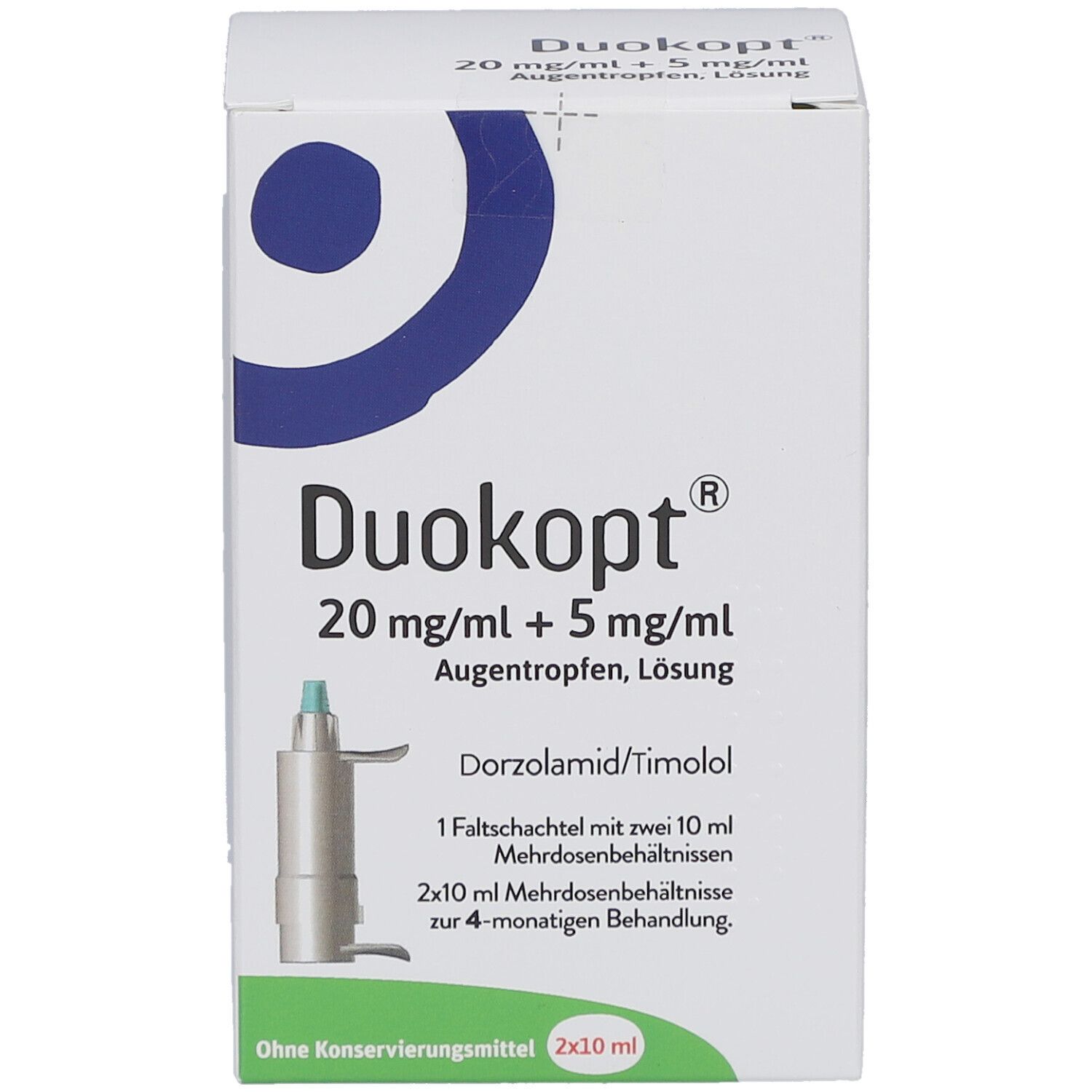 Faltschachtel mit Augentropfen. Aufschrift: Duokopt 20 mg/ml + 5 mg/ml Augentropfen, Lösung. Enthält 2x10 ml Mehrdosenbehältnisse.