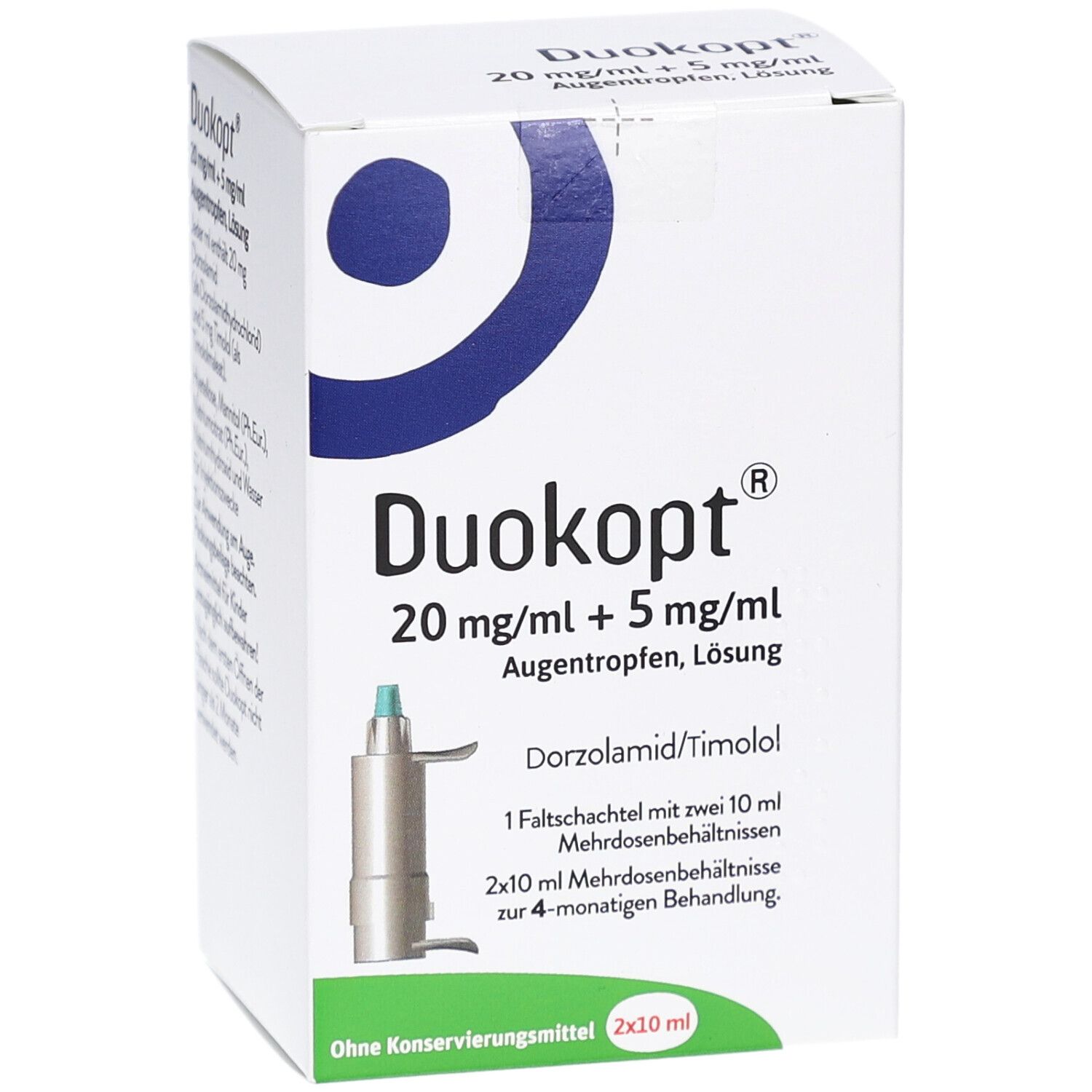 Faltschachtel mit Augentropfen. Aufschrift: Duokopt 20 mg/ml + 5 mg/ml Augentropfen, Lösung. Enthält 2x10 ml Mehrdosenbehältnisse.