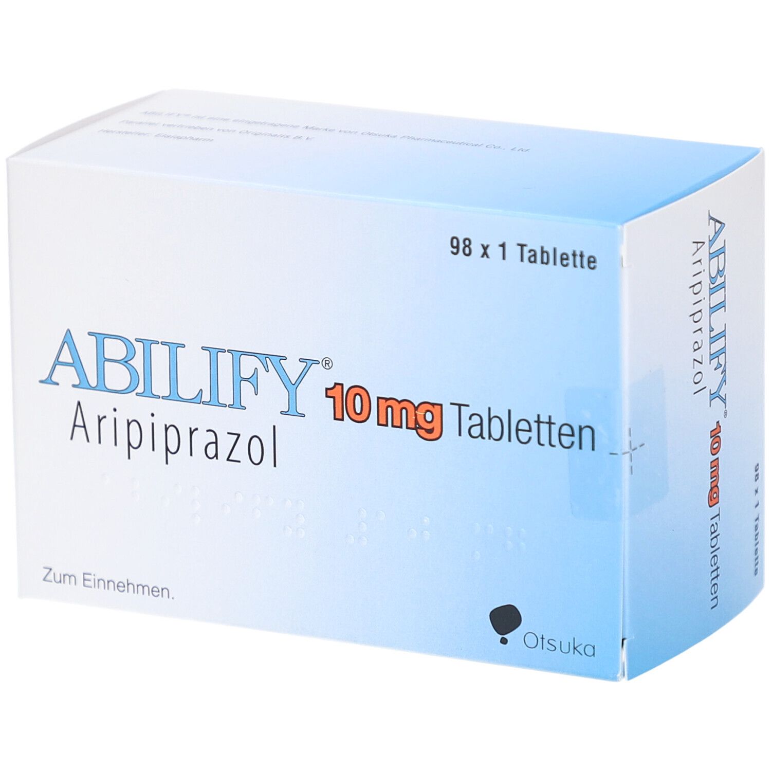 Schachtel ABILIFY 10 mg Tabletten. Blaue und weiße Verpackung. Aufschrift: ABILIFY, Aripiprazol, 10 mg Tabletten. 98 x 1 Tablette.