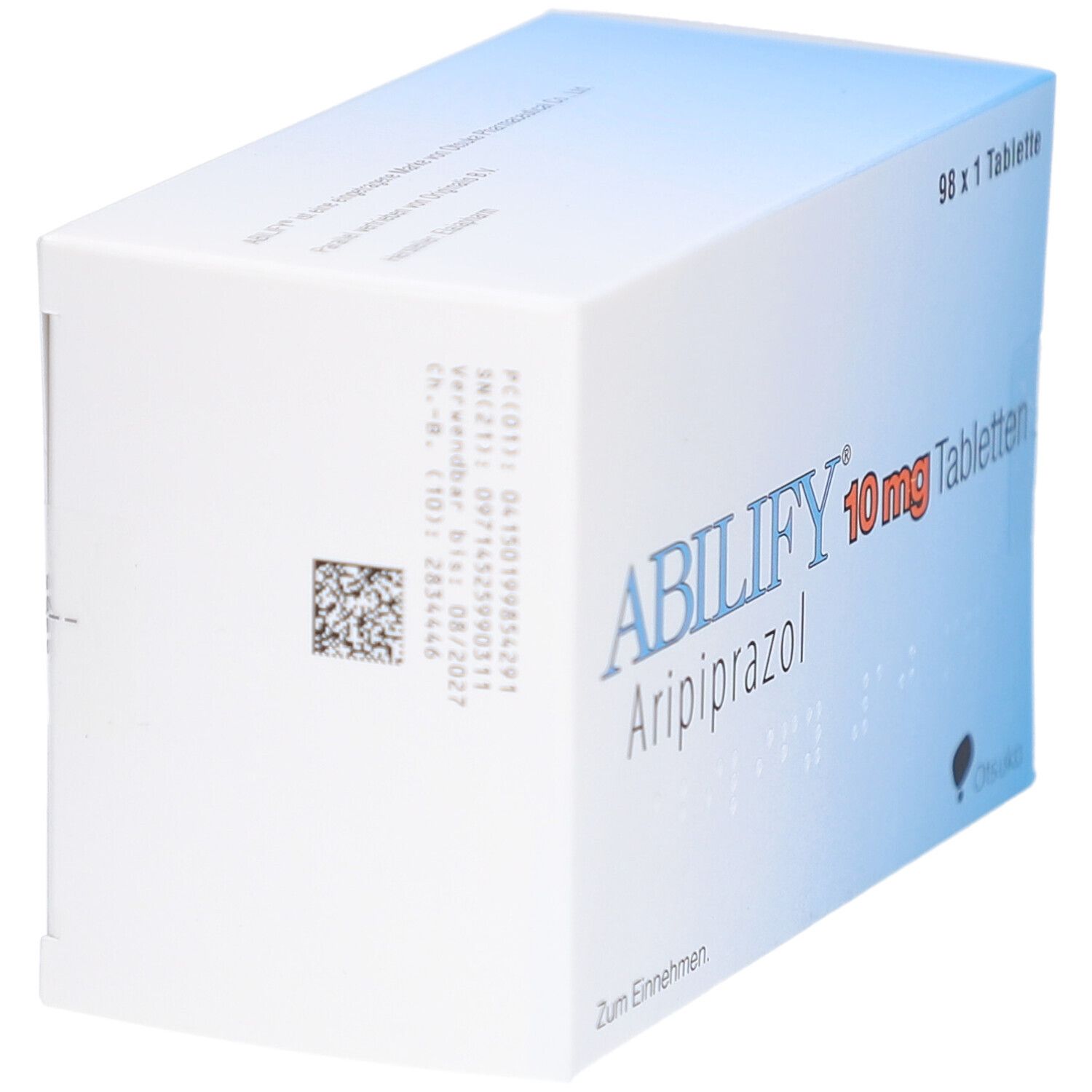 Schachtel ABILIFY 10 mg Tabletten. Weiße Verpackung mit blauer Ecke. Aufschrift: ABILIFY, Aripiprazol, 10 mg Tabletten. 98 x 1 Tablette.