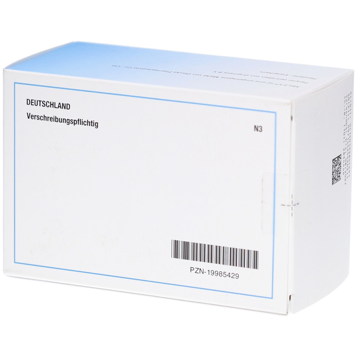 Rückseite der Schachtel ABILIFY 10 mg Tabletten. Weiße Verpackung mit blauer Linie. Aufschrift: Deutschland, Verschreibungspflichtig. PZN-19985429.