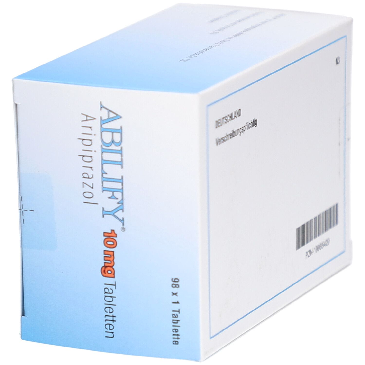 Schachtel ABILIFY 10 mg Tabletten. Weiße Verpackung mit blauer Ecke. Aufschrift: ABILIFY, Aripiprazol, 10 mg Tabletten. 98 x 1 Tablette.