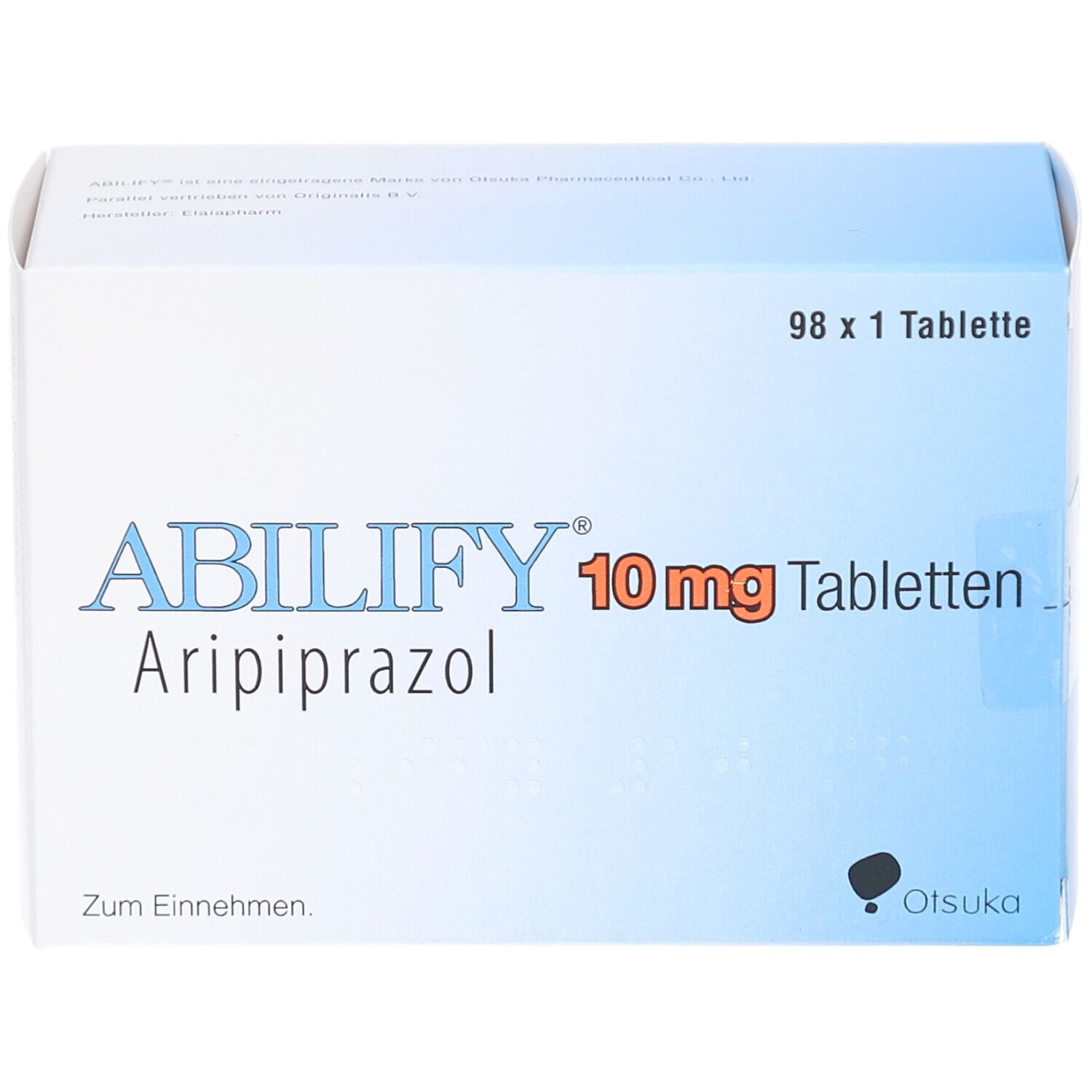 Schachtel ABILIFY 10 mg Tabletten. Blaue und weiße Verpackung. Aufschrift: ABILIFY, Aripiprazol, 10 mg Tabletten. 98 x 1 Tablette.
