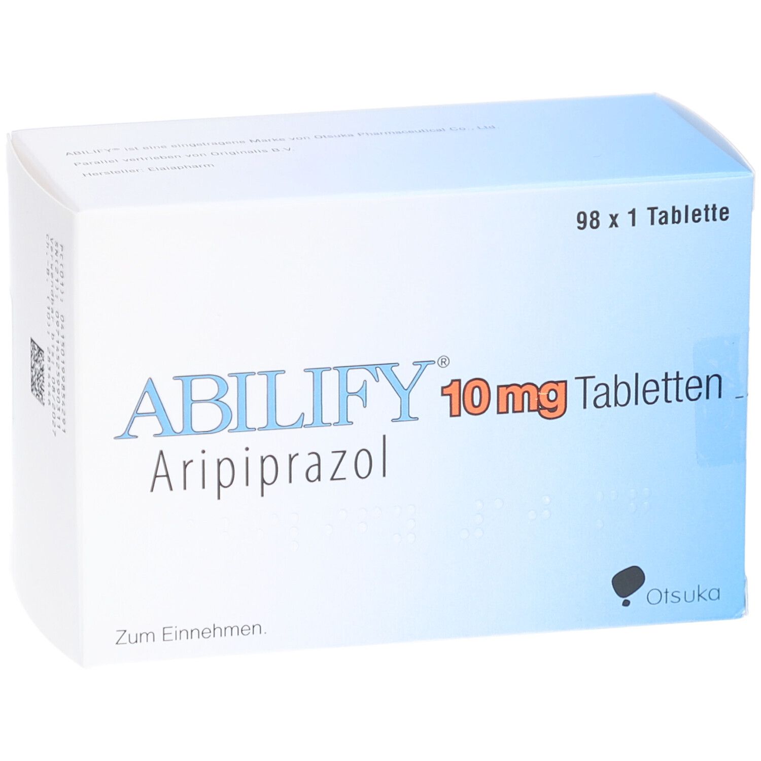Schachtel ABILIFY 10 mg Tabletten. Blaue und weiße Verpackung. Aufschrift: ABILIFY, Aripiprazol, 10 mg Tabletten. 98 x 1 Tablette.