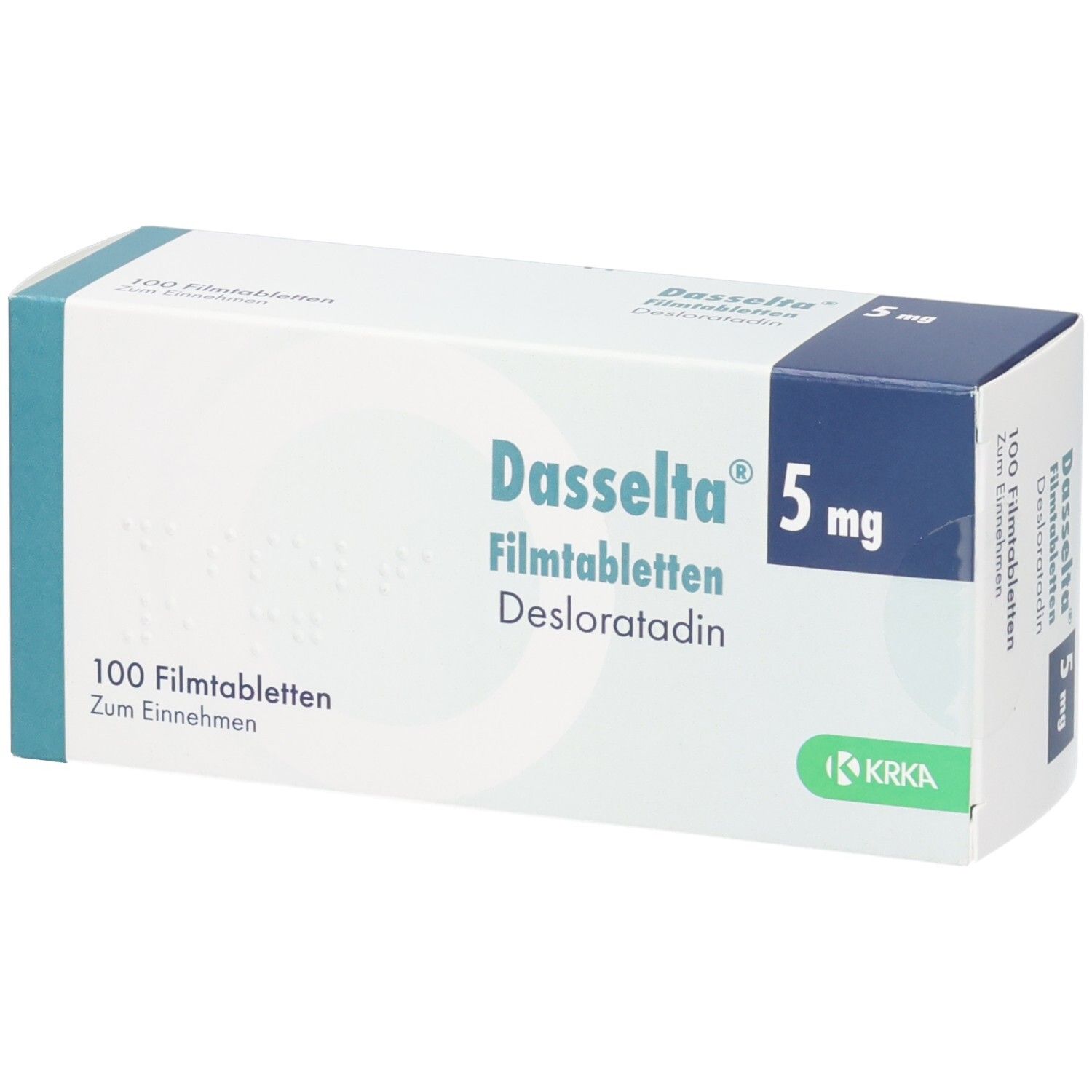 Schachtel mit DASSELTA 5 mg Filmtabletten. Blaue und weiße Verpackung. Aufschrift: 100 Filmtabletten, Desloratadin.