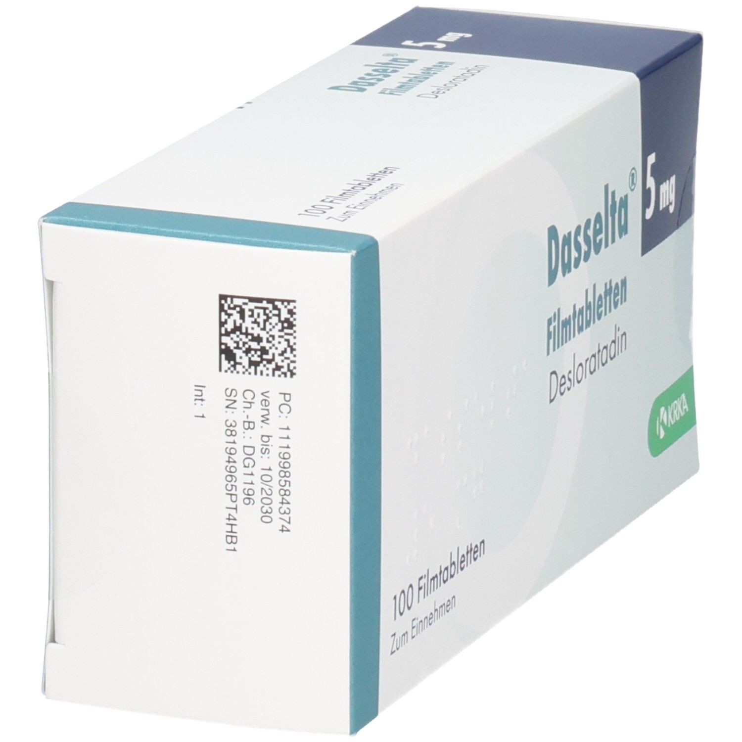 Schachtel mit DASSELTA 5 mg Filmtabletten. Blaue und weiße Verpackung. QR-Code und weitere Informationen.