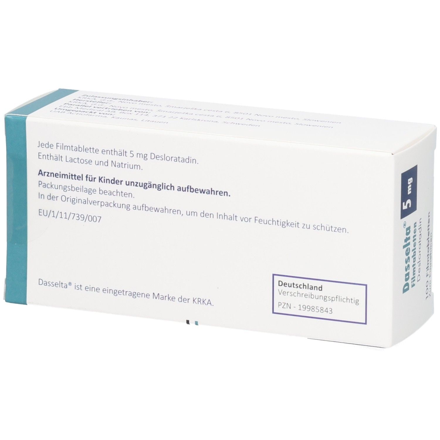 Rückseite der Schachtel mit DASSELTA 5 mg Filmtabletten. Enthält Textinformationen und das Logo von KRKA.