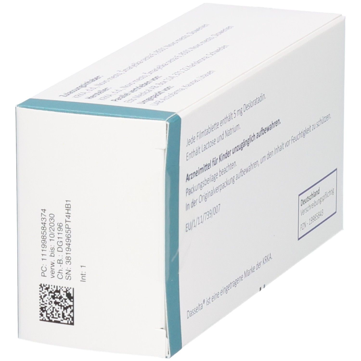 Seitenansicht der Schachtel mit DASSELTA 5 mg Filmtabletten. Enthält Textinformationen und das Logo von KRKA.