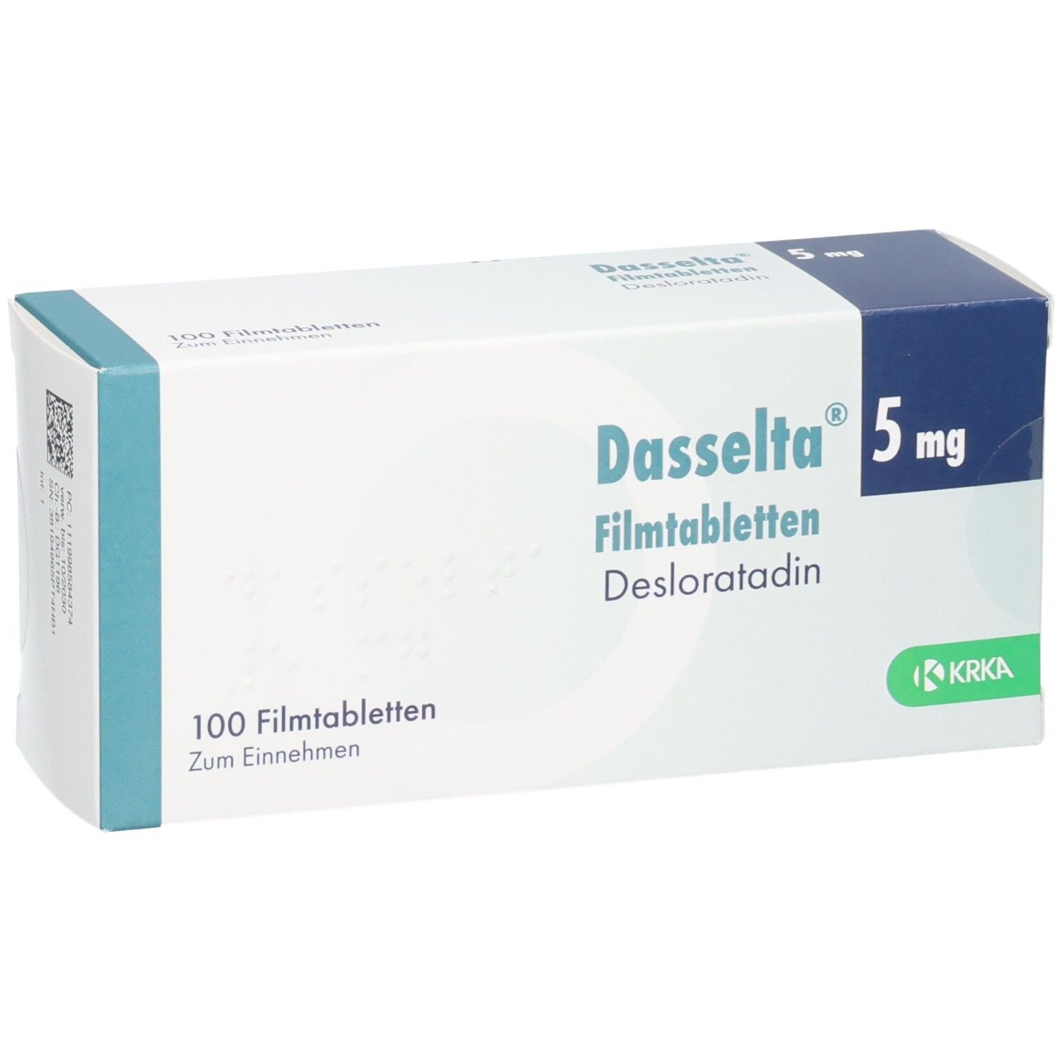 Schachtel mit DASSELTA 5 mg Filmtabletten. Blaue und weiße Verpackung. Aufschrift: 100 Filmtabletten, Desloratadin.