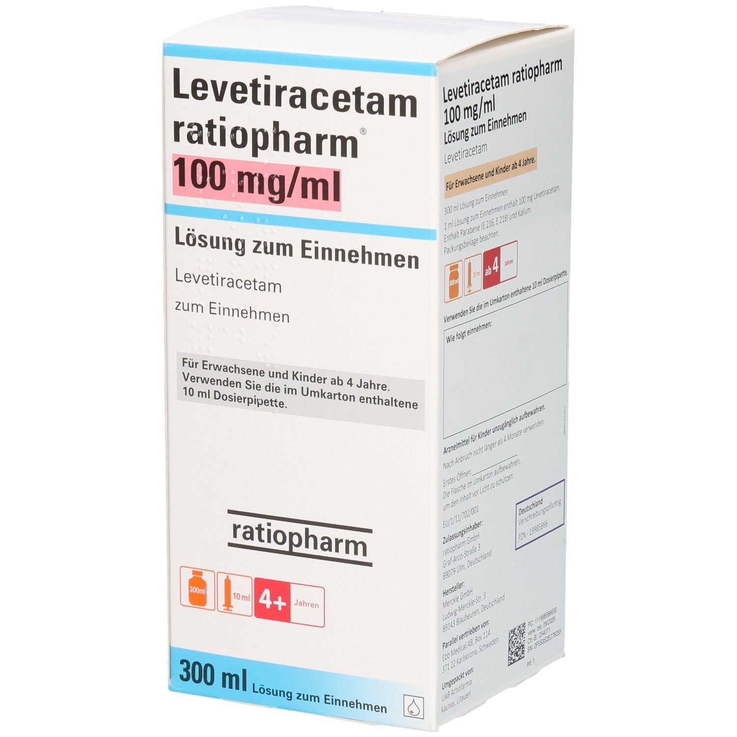 Karton mit Produktinformationen. Aufschrift: Levetiracetam ratiopharm 100 mg/ml. Lösung zum Einnehmen. Für Kinder ab 4 Jahren.