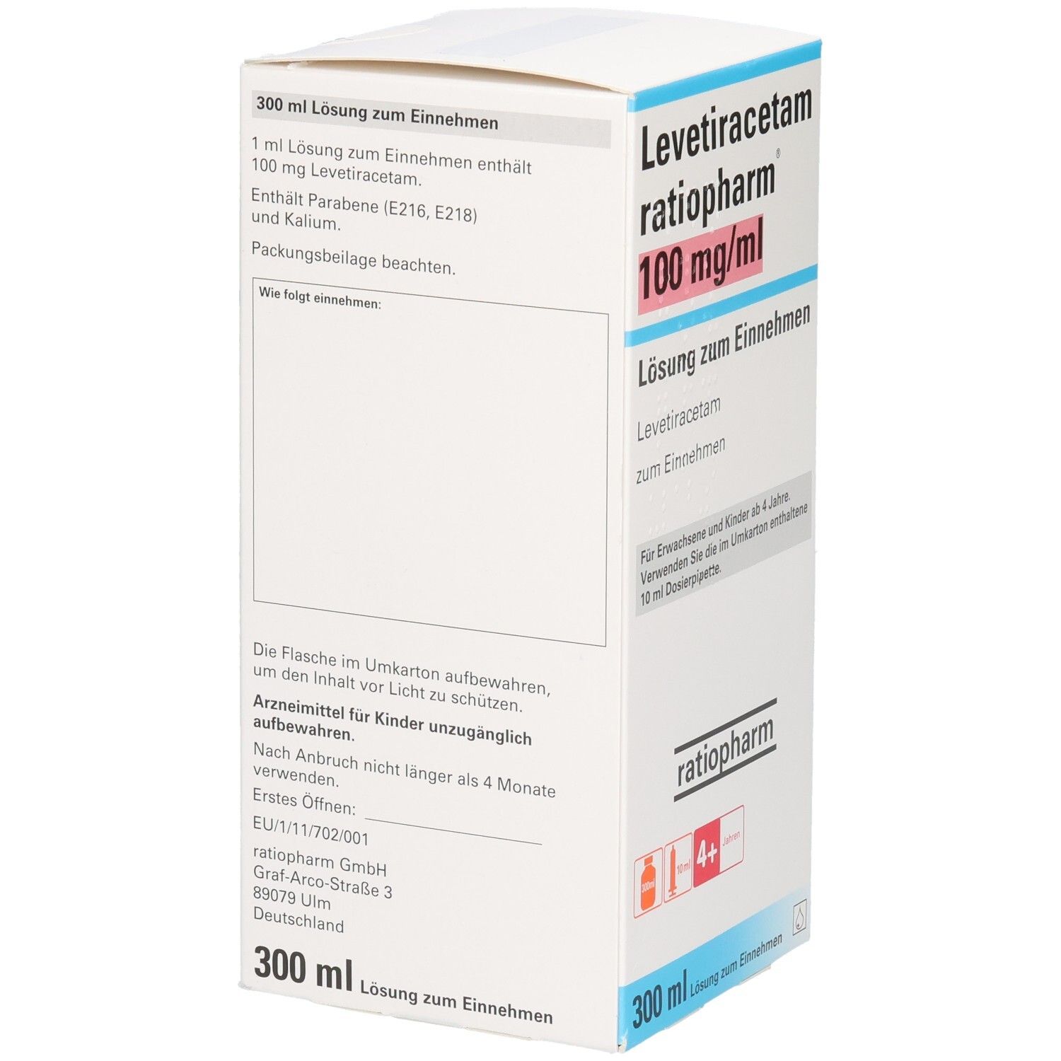 Karton mit Produktinformationen. Aufschrift: Levetiracetam ratiopharm 100 mg/ml. Lösung zum Einnehmen. 300 ml. Enthält Parabene.