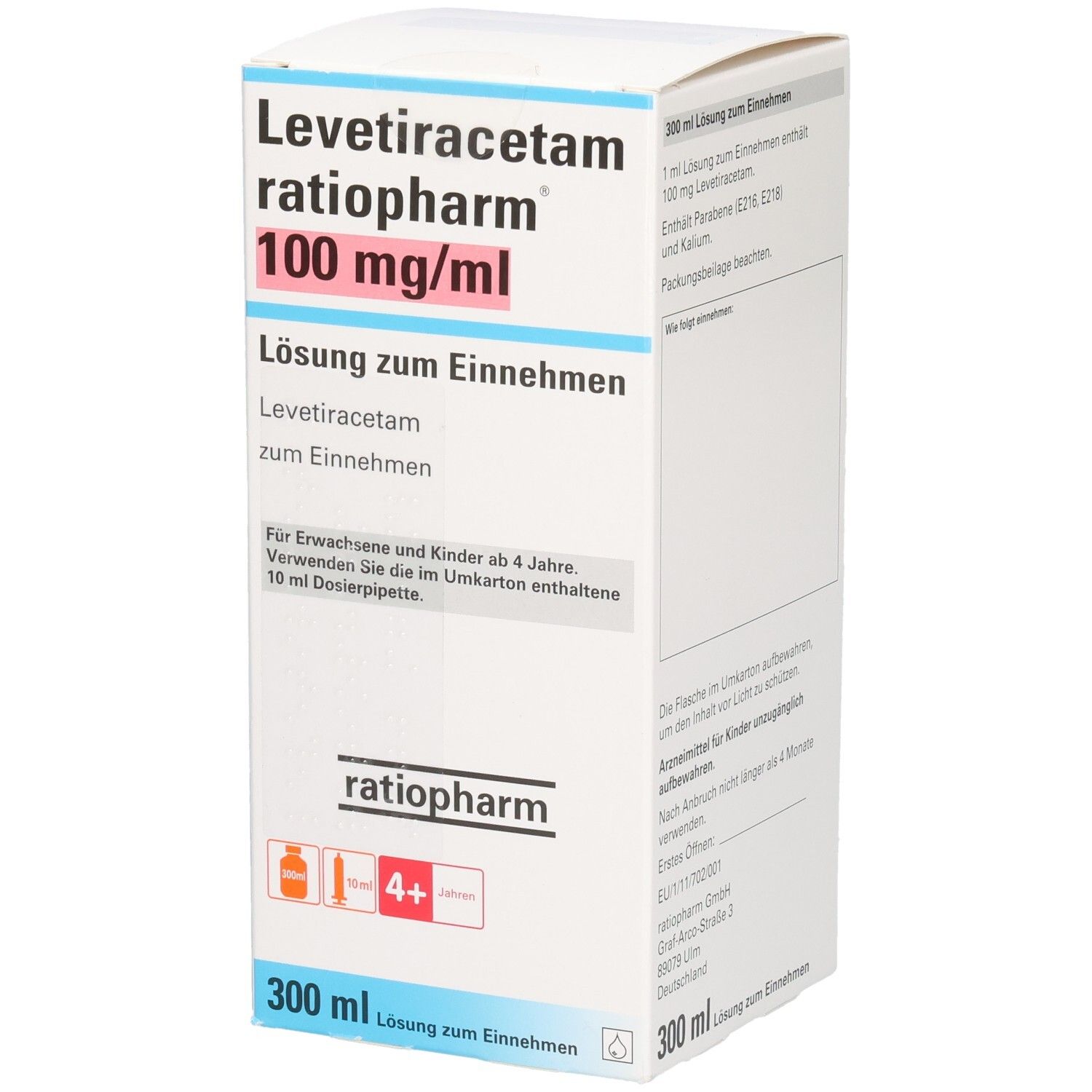 Karton mit Produktinformationen. Aufschrift: Levetiracetam ratiopharm 100 mg/ml. Lösung zum Einnehmen. Für Kinder ab 4 Jahren.