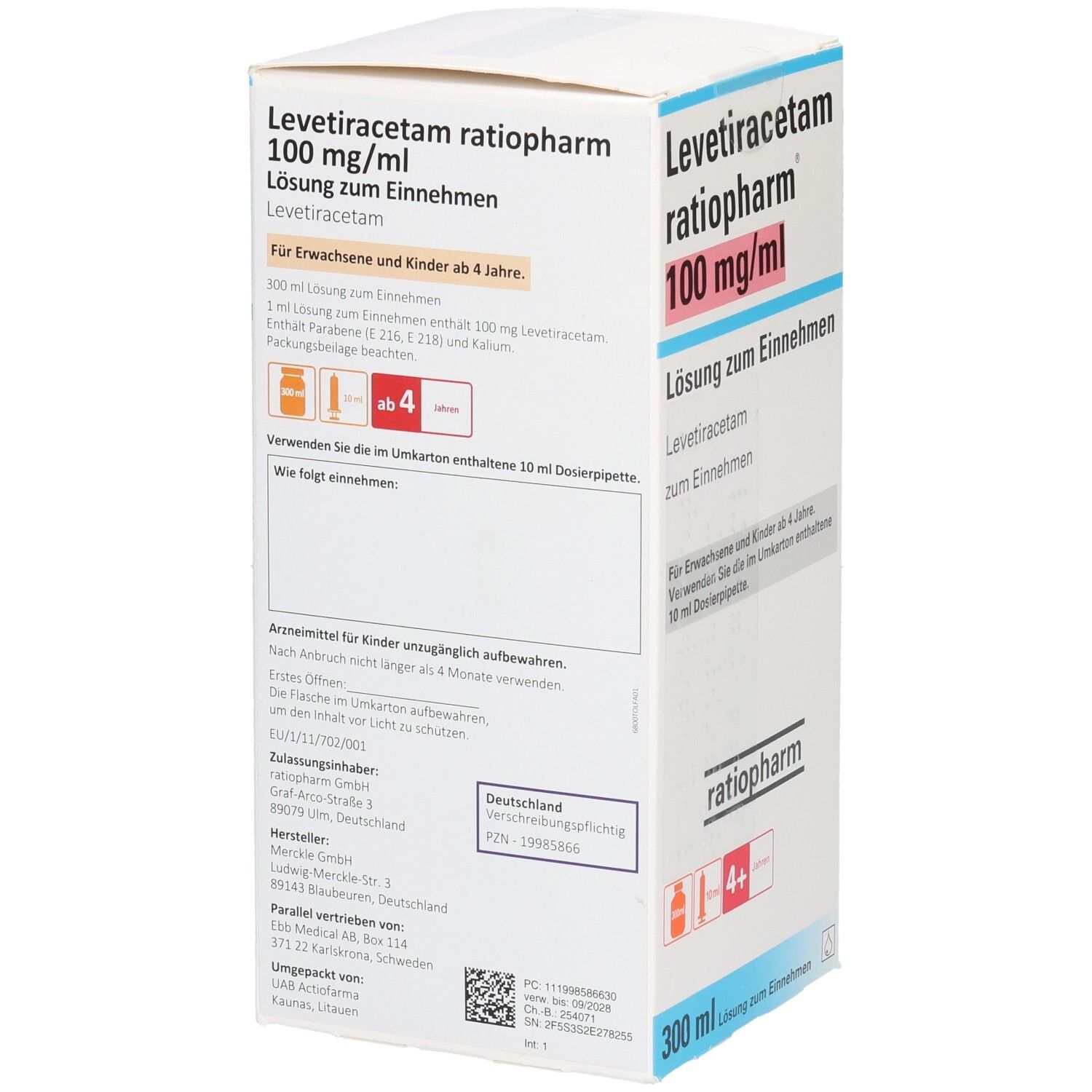 Karton mit Produktinformationen. Aufschrift: Levetiracetam ratiopharm 100 mg/ml. Lösung zum Einnehmen. Für Kinder ab 4 Jahren.