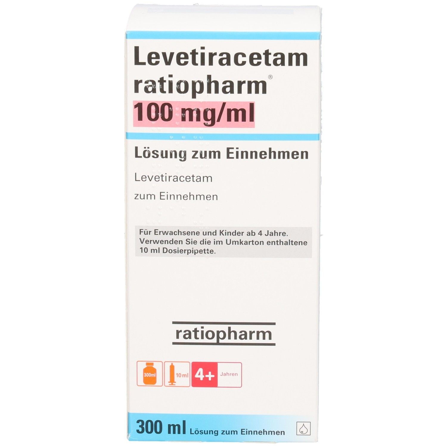 Karton mit Produktinformationen. Aufschrift: Levetiracetam ratiopharm 100 mg/ml. Lösung zum Einnehmen. Für Kinder ab 4 Jahren.