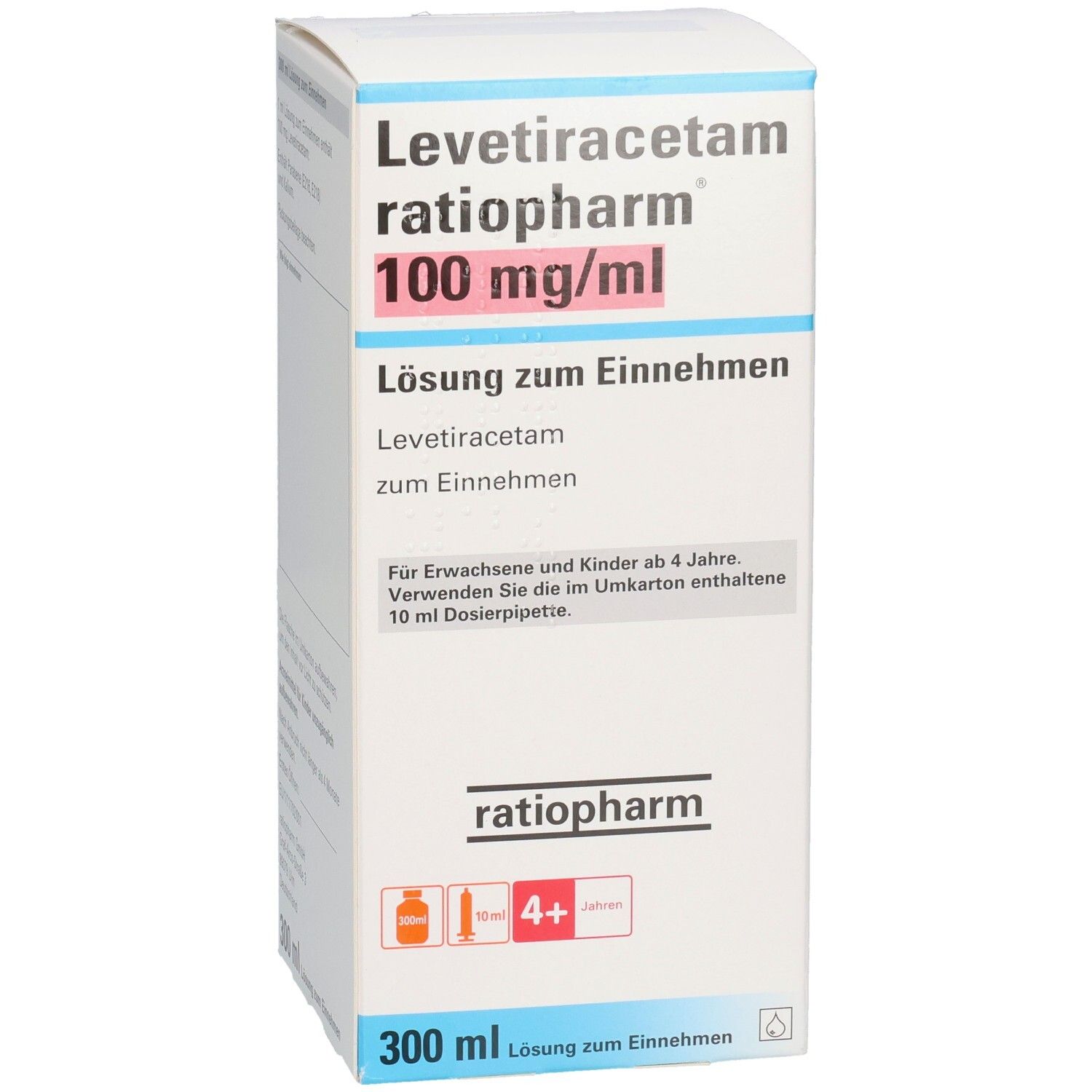 Karton mit Produktinformationen. Aufschrift: Levetiracetam ratiopharm 100 mg/ml. Lösung zum Einnehmen. Für Kinder ab 4 Jahren.