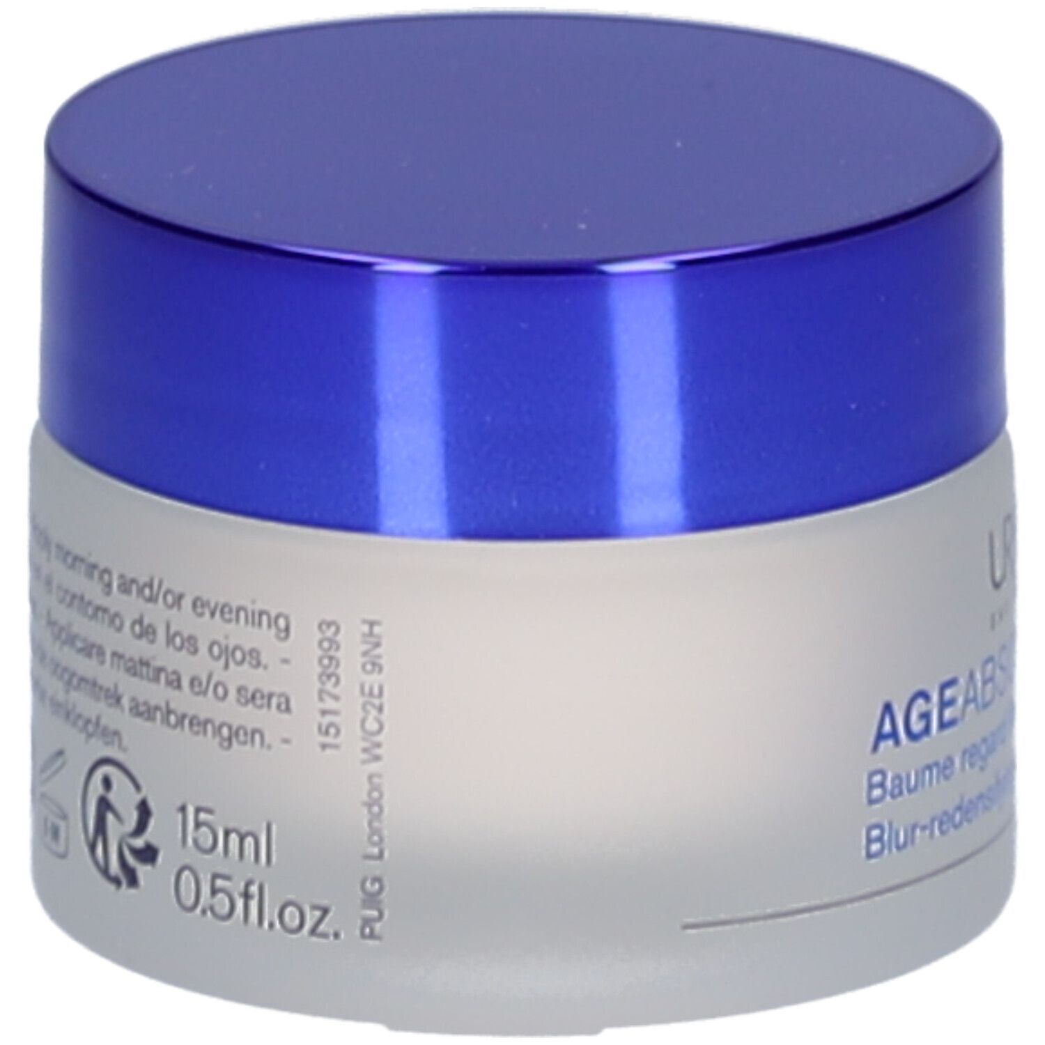 Runder Tiegel mit blauem Deckel. Aufschrift: Uriage, Age Absolu, Augenbalsam. 15ml, 0.5 fl.oz. Graue, matte Glasoberfläche.