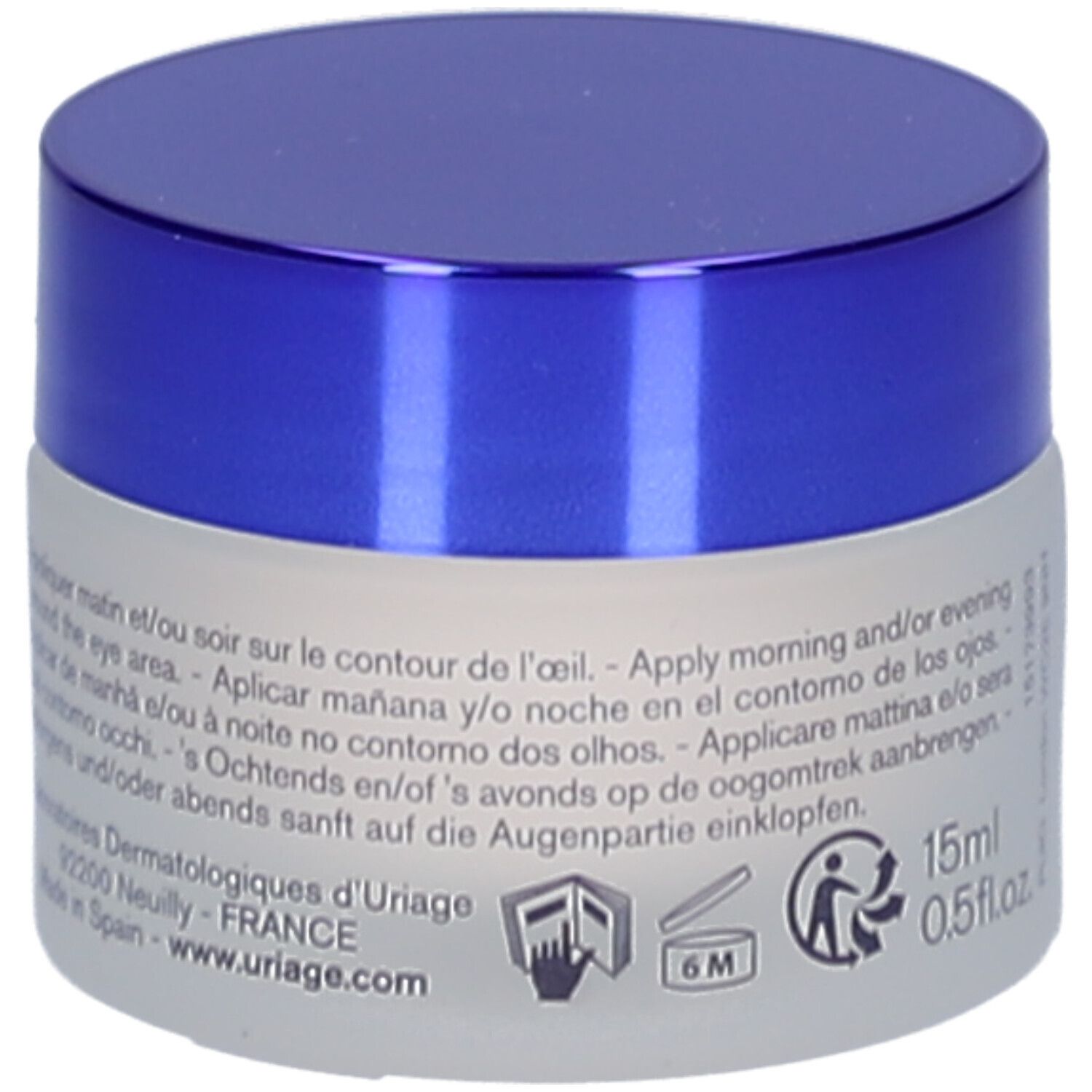 Runder Tiegel mit blauem Deckel. Aufschrift: Uriage, Age Absolu, Augenbalsam. 15ml, 0.5 fl.oz. Graue, matte Glasoberfläche.