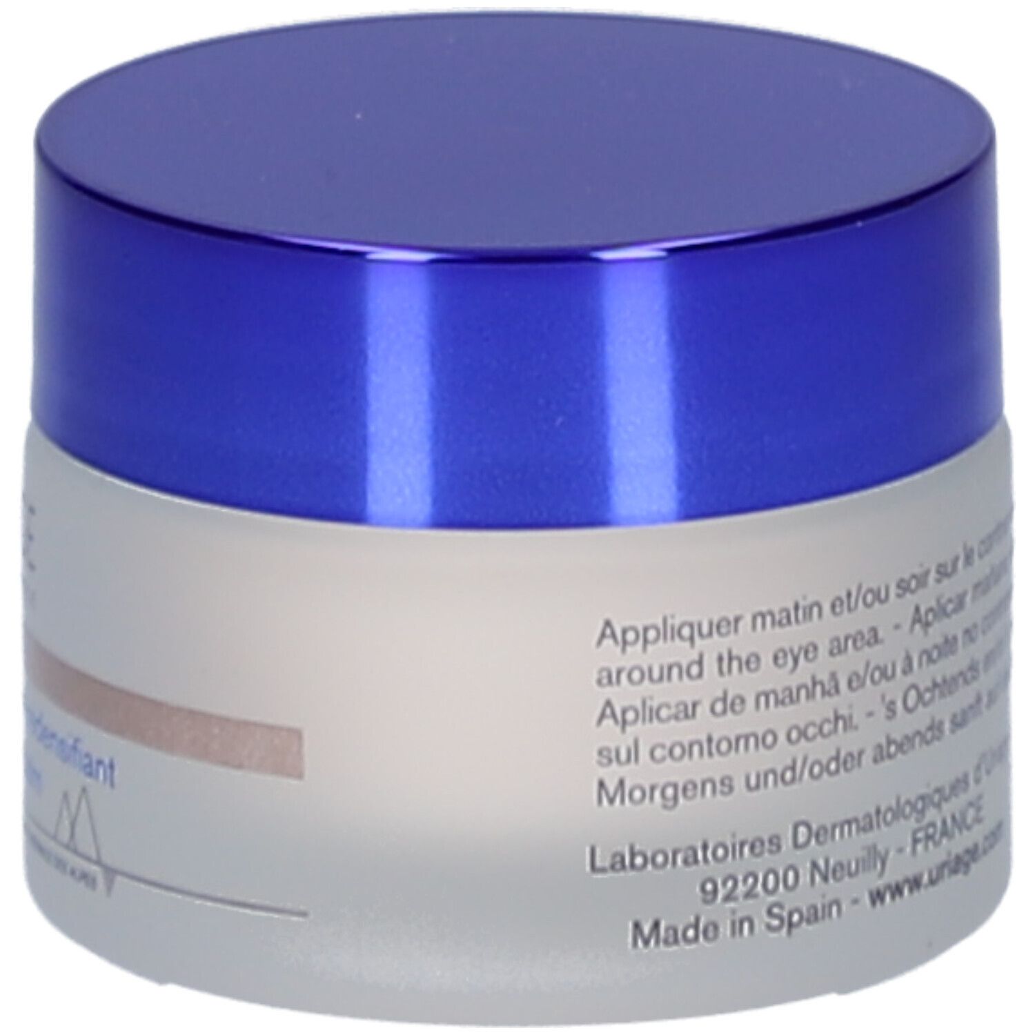 Runder Tiegel mit blauem Deckel. Aufschrift: Uriage, Age Absolu, Augenbalsam. Graue, matte Glasoberfläche. Text auf Französisch.