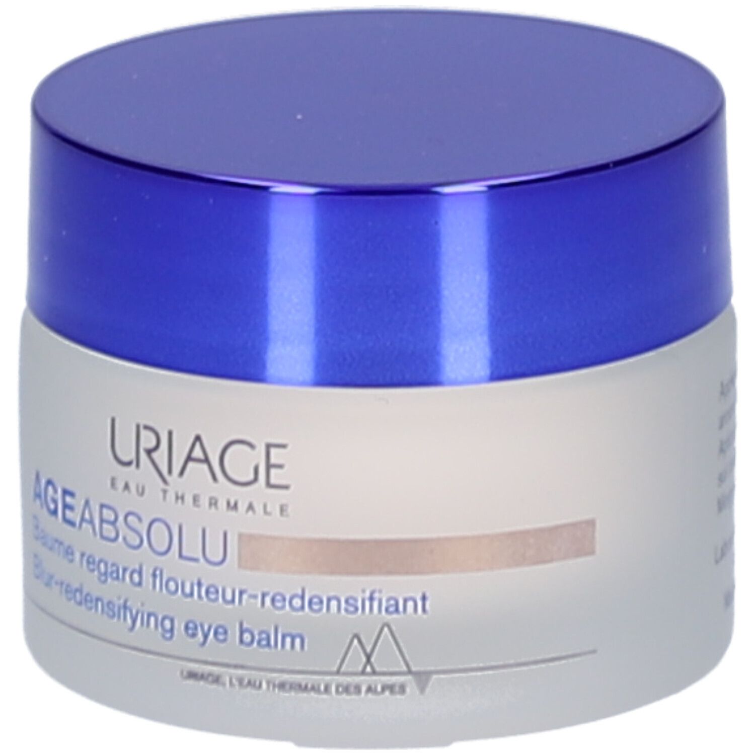 Runder Tiegel mit blauem Deckel. Aufschrift: Uriage, Age Absolu, Augenbalsam. Graue, matte Glasoberfläche.