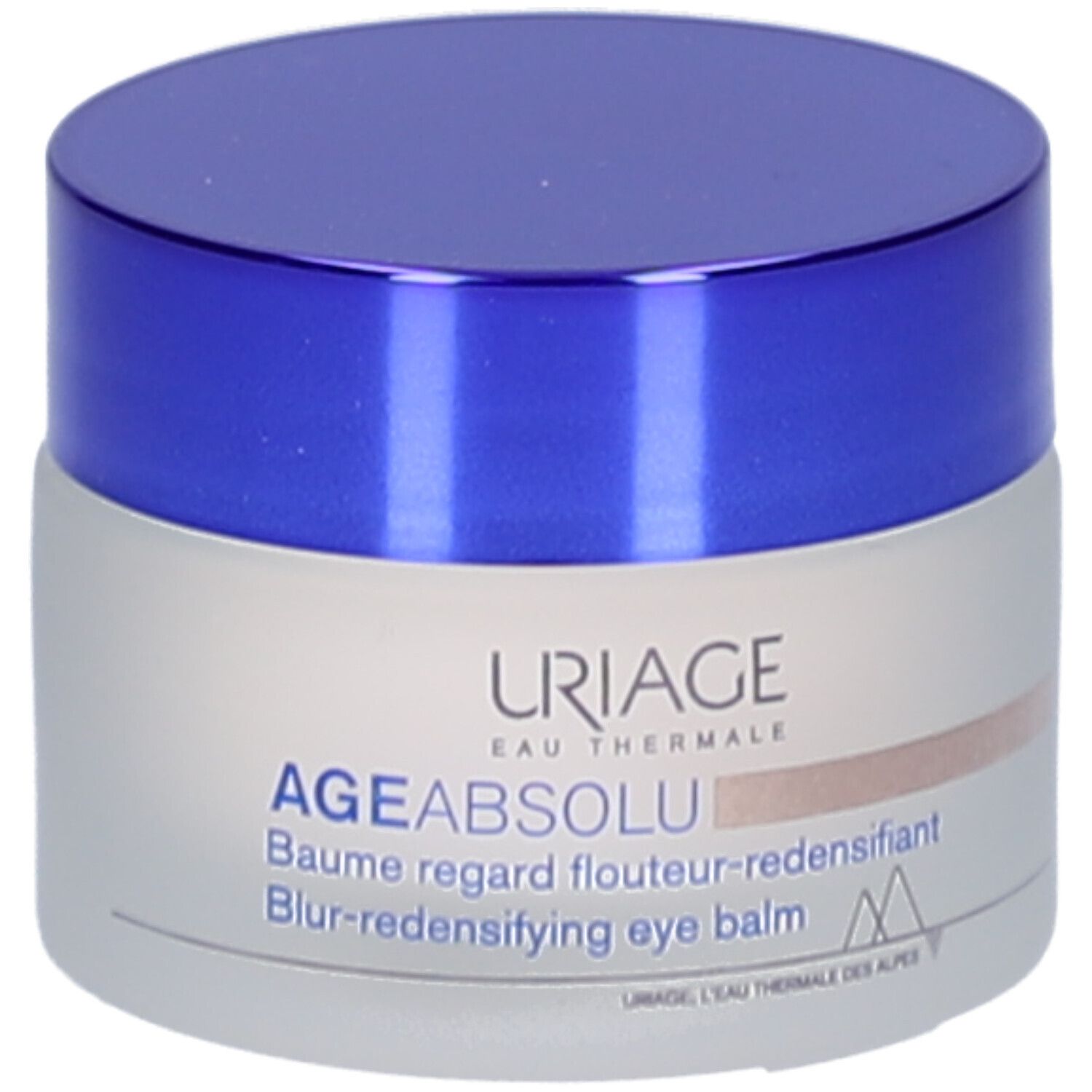 Runder Tiegel mit blauem Deckel. Aufschrift: Uriage, Age Absolu, Augenbalsam. Graue, matte Glasoberfläche.