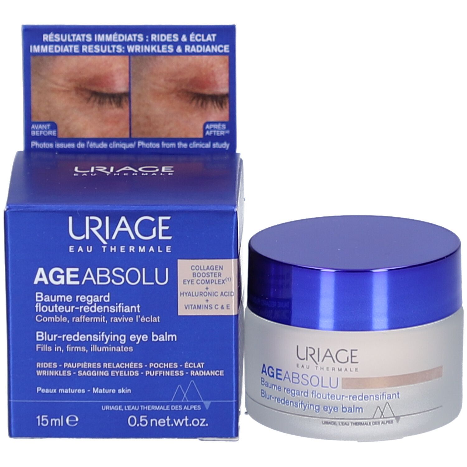 Produktverpackung und Tiegel. Aufschrift: Uriage, Age Absolu, Augenbalsam. 15ml, 0.5 net wt.oz. Blaue Verpackung.