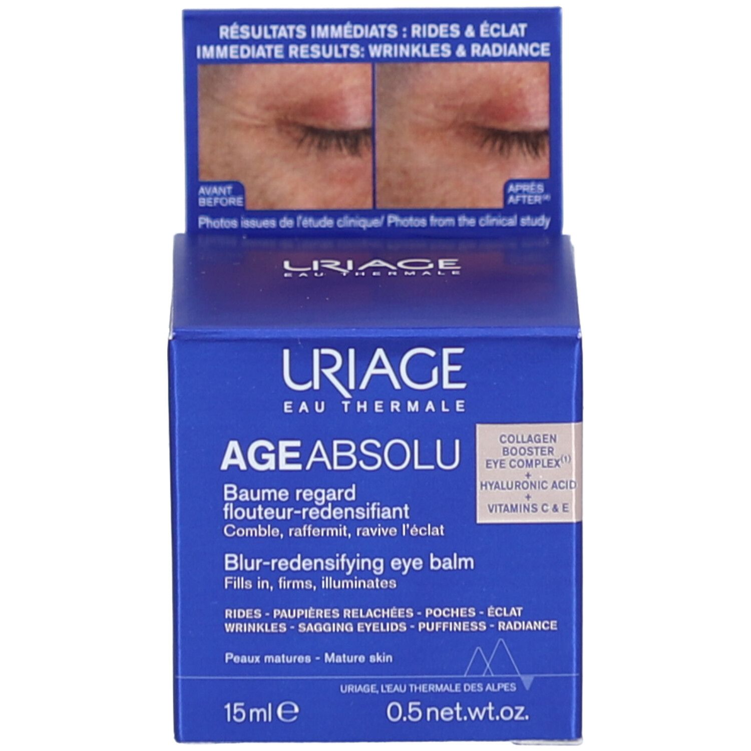 Produktverpackung. Aufschrift: Uriage, Age Absolu, Augenbalsam. 15ml, 0.5 net wt.oz. Blaue Verpackung.