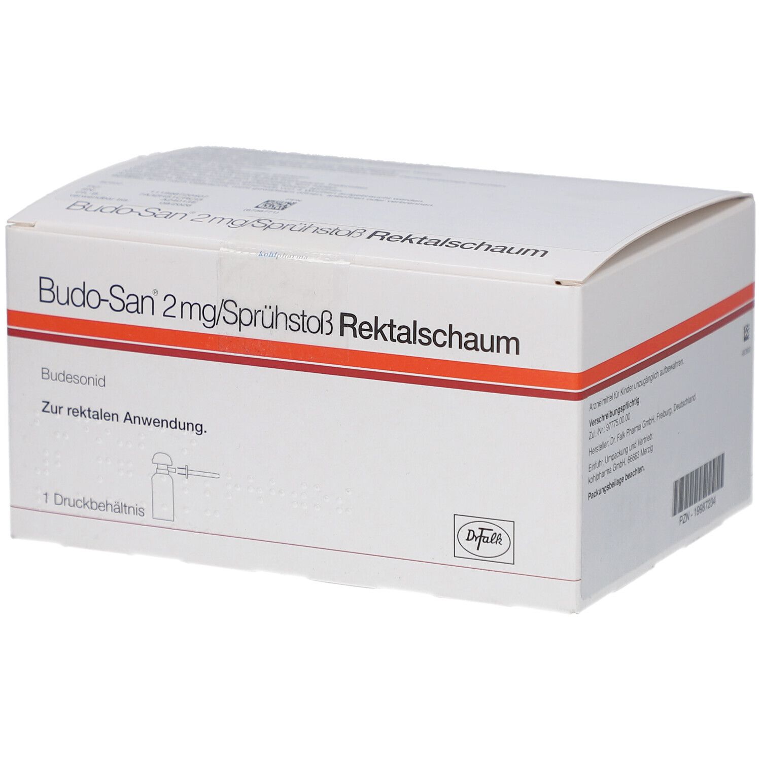 Weiße Kartonverpackung mit rotem Streifen. Aufschrift: Budo-San 2mg/Sprühstoß Rektalschaum. Enthält eine Ampulle.