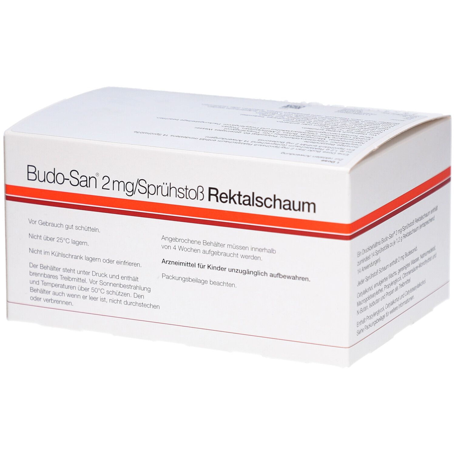 Weiße Kartonverpackung mit rotem Streifen. Text: Budo-San 2mg/Sprühstoß Rektalschaum. Hinweise zur Aufbewahrung und Haltbarkeit.