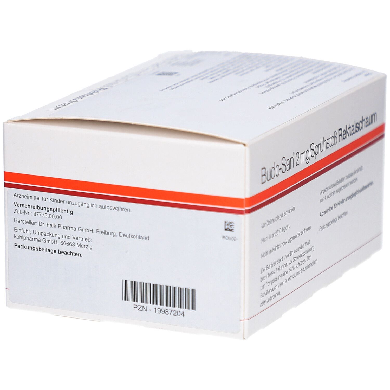 Weiße Kartonverpackung mit rotem Streifen. Text: Budo-San 2mg/Sprühstoß Rektalschaum. Herstellerinformationen und PZN-Nummer.