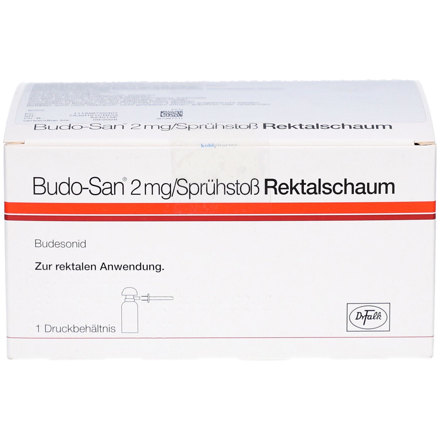 Weiße Kartonverpackung mit rotem Streifen. Aufschrift: Budo-San 2mg/Sprühstoß Rektalschaum. Enthält eine Ampulle.