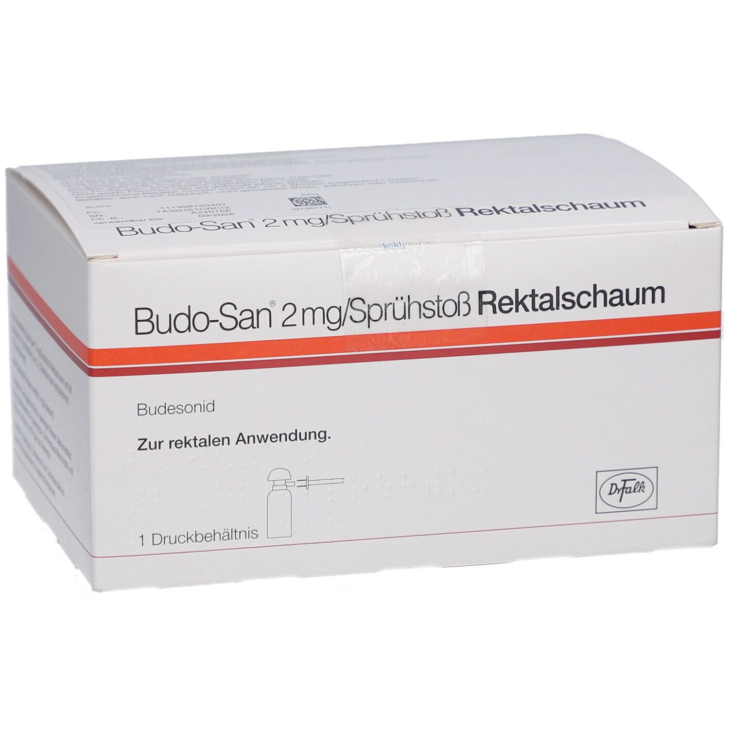 Weiße Kartonverpackung mit rotem Streifen. Aufschrift: Budo-San 2mg/Sprühstoß Rektalschaum. Enthält eine Ampulle.