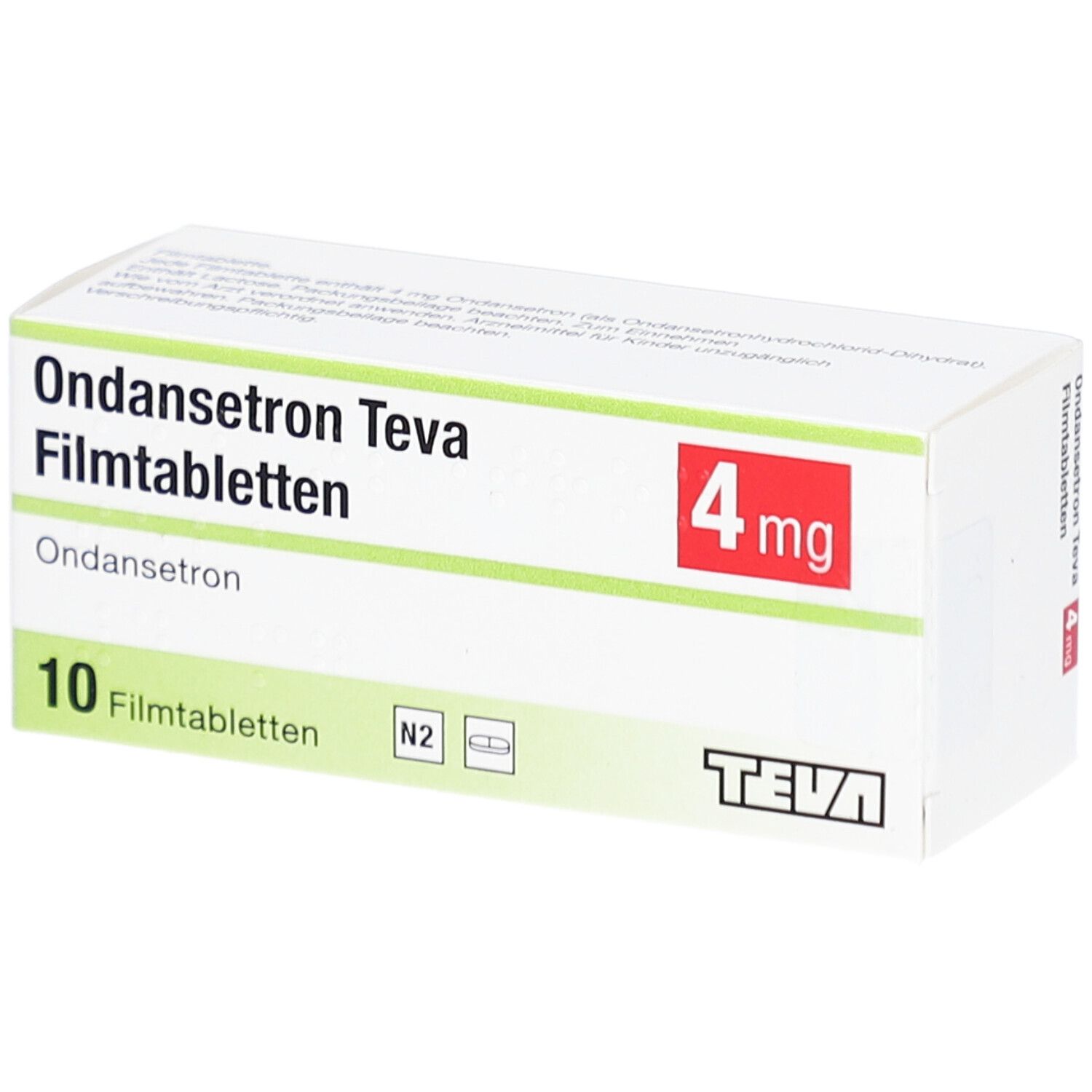 Ondansetron Teva 4 mg Filmtabletten-Packung. Enthält 10 Tabletten. Teva-Logo. Rote 4 mg-Kennzeichnung.