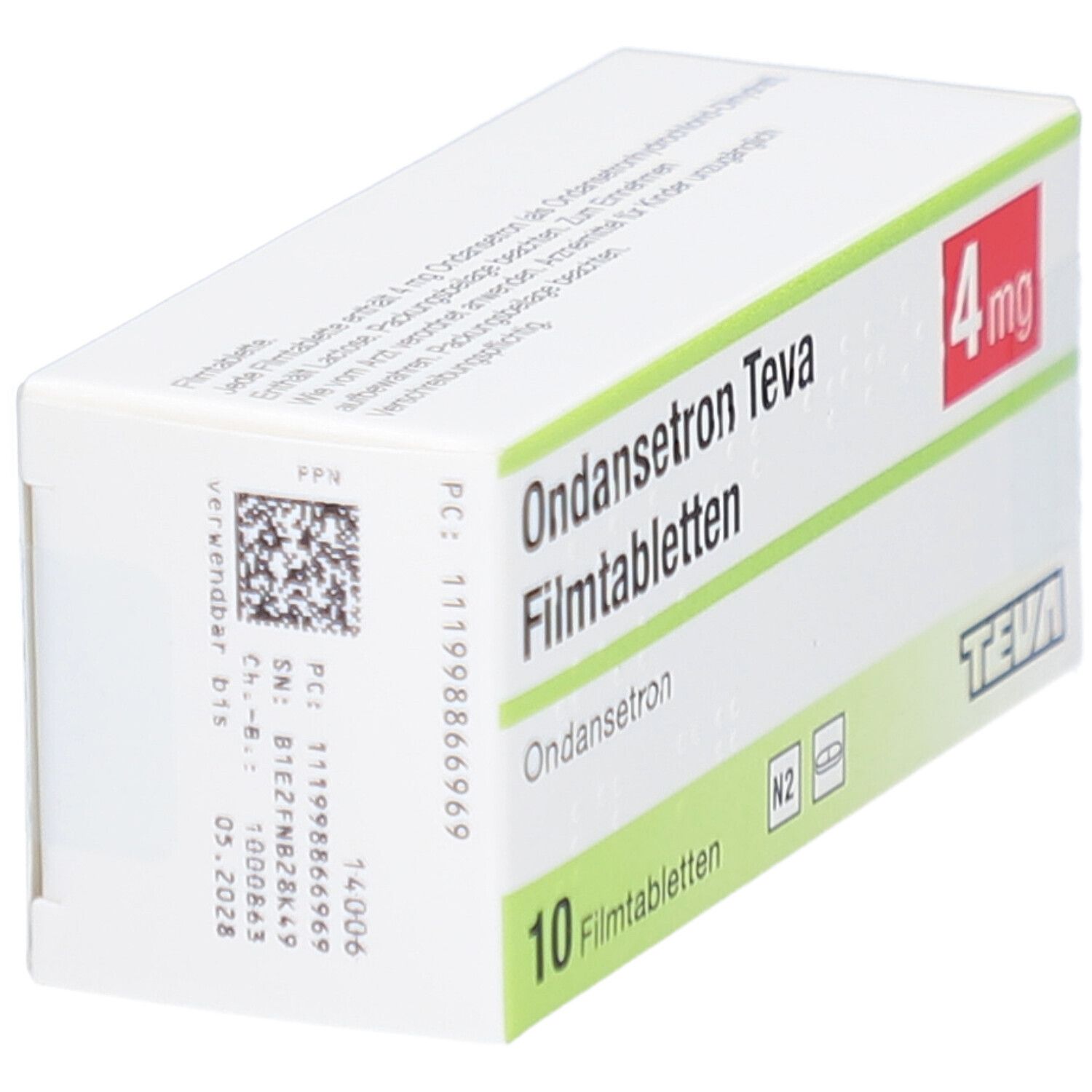 Ondansetron Teva 4 mg Filmtabletten-Packung. Enthält 10 Tabletten. Teva-Logo. Rote 4 mg-Kennzeichnung. QR-Code und Chargennummer.