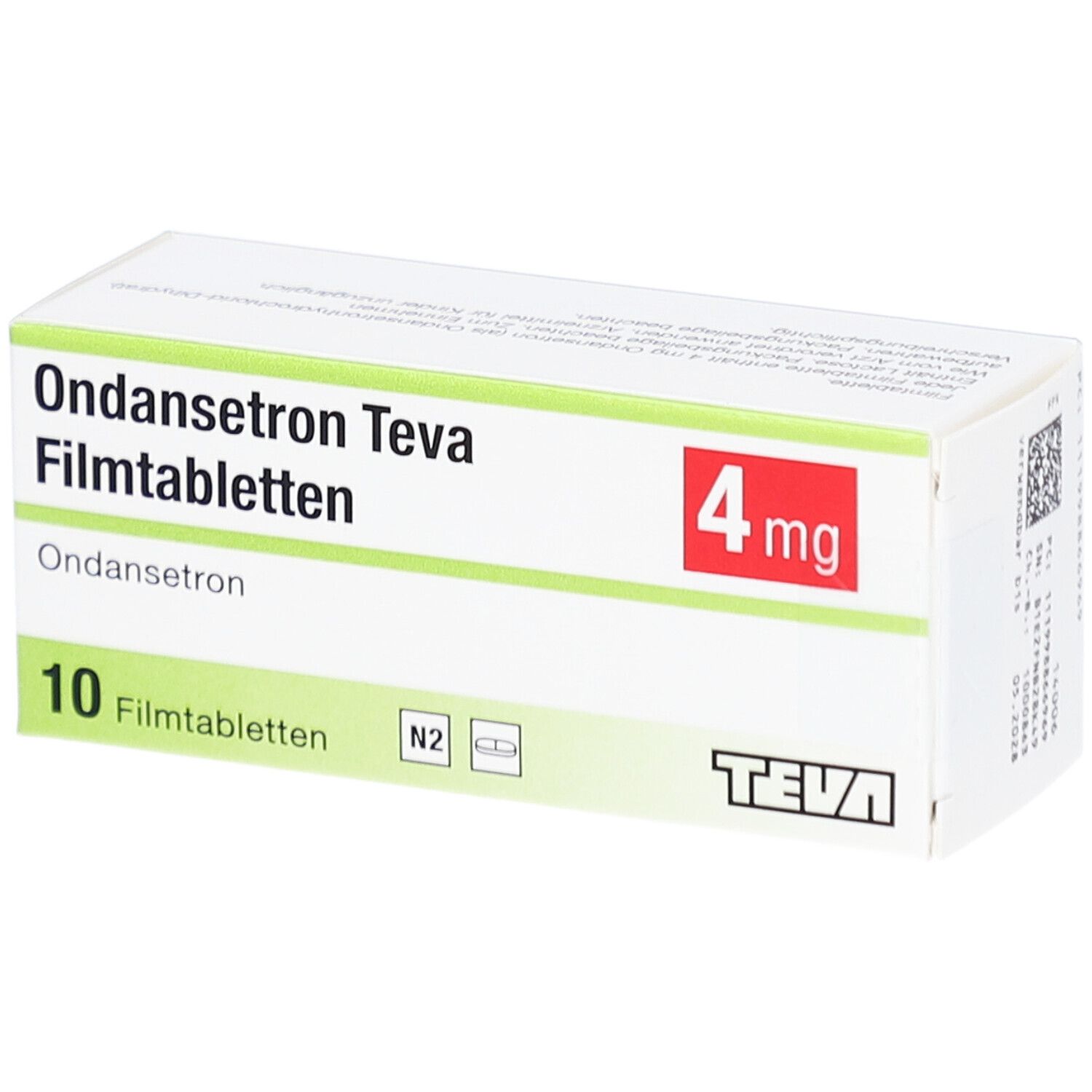 Ondansetron Teva 4 mg Filmtabletten-Packung. Enthält 10 Tabletten. Teva-Logo. Rote 4 mg-Kennzeichnung.