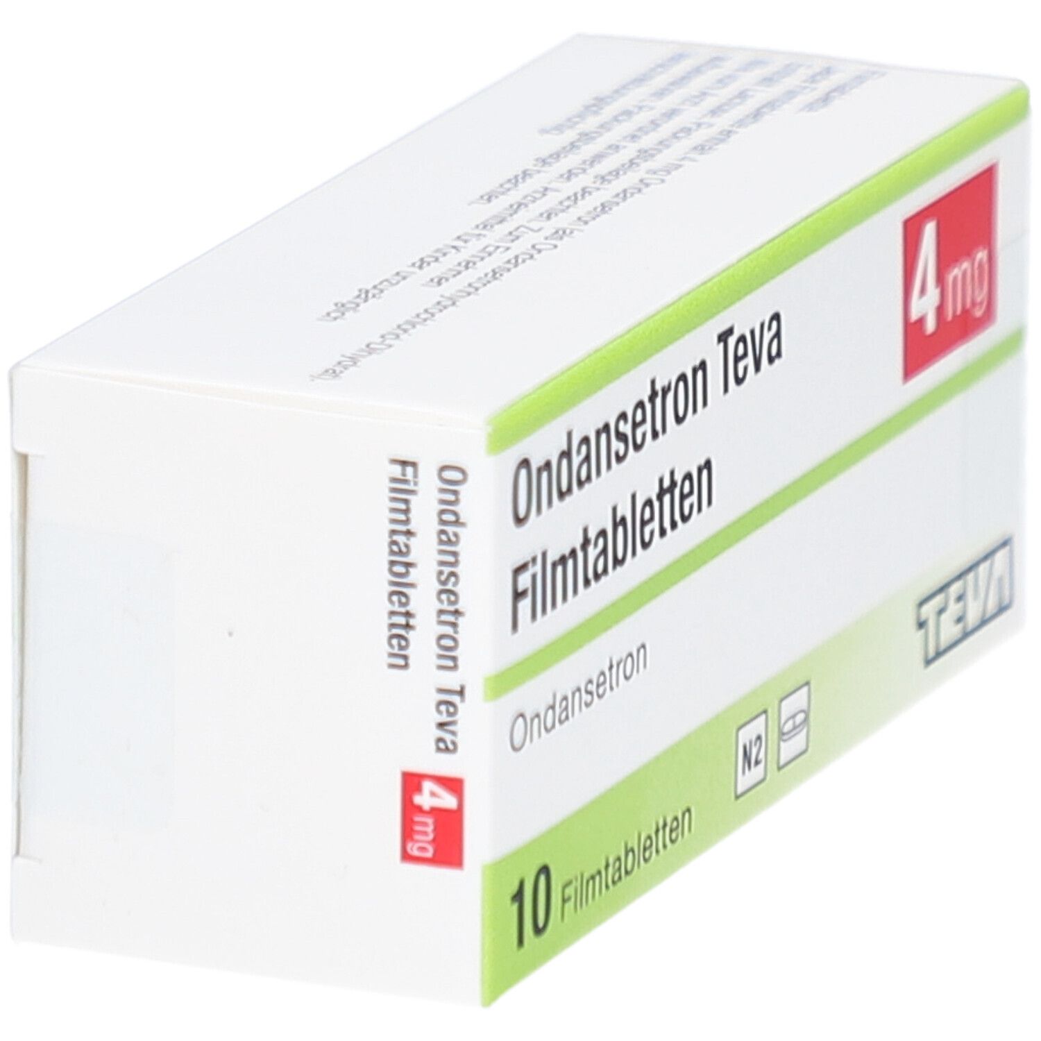 Ondansetron Teva 4 mg Filmtabletten-Packung. Enthält 10 Tabletten. Teva-Logo. Rote 4 mg-Kennzeichnung.