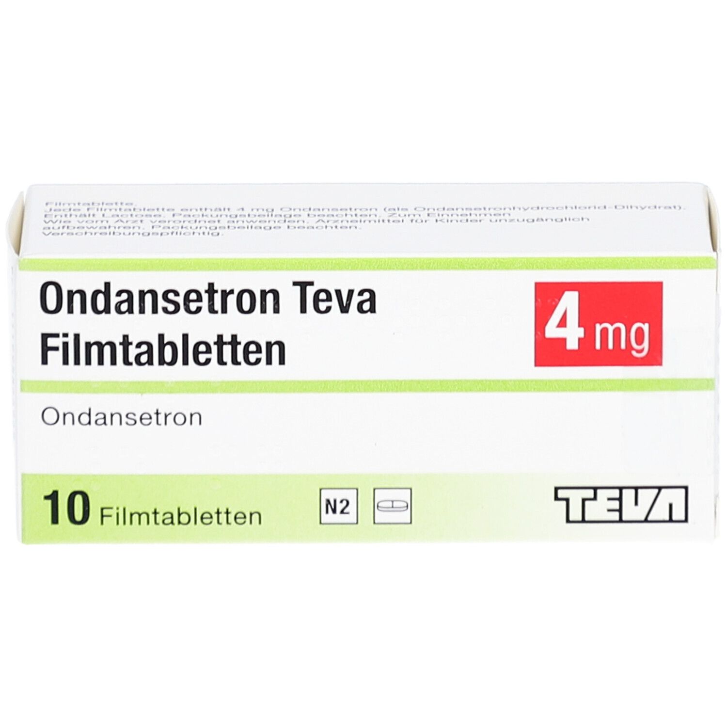 Ondansetron Teva 4 mg Filmtabletten-Packung. Enthält 10 Tabletten. Teva-Logo. Rote 4 mg-Kennzeichnung.