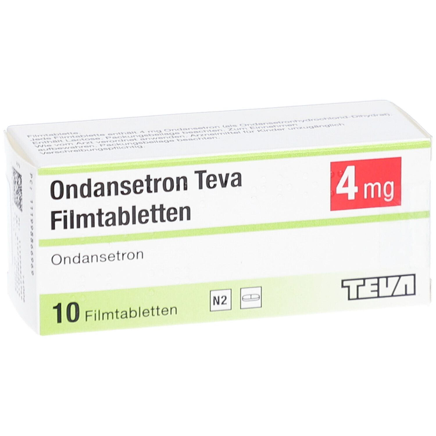 Ondansetron Teva 4 mg Filmtabletten-Packung. Enthält 10 Tabletten. Teva-Logo. Rote 4 mg-Kennzeichnung.