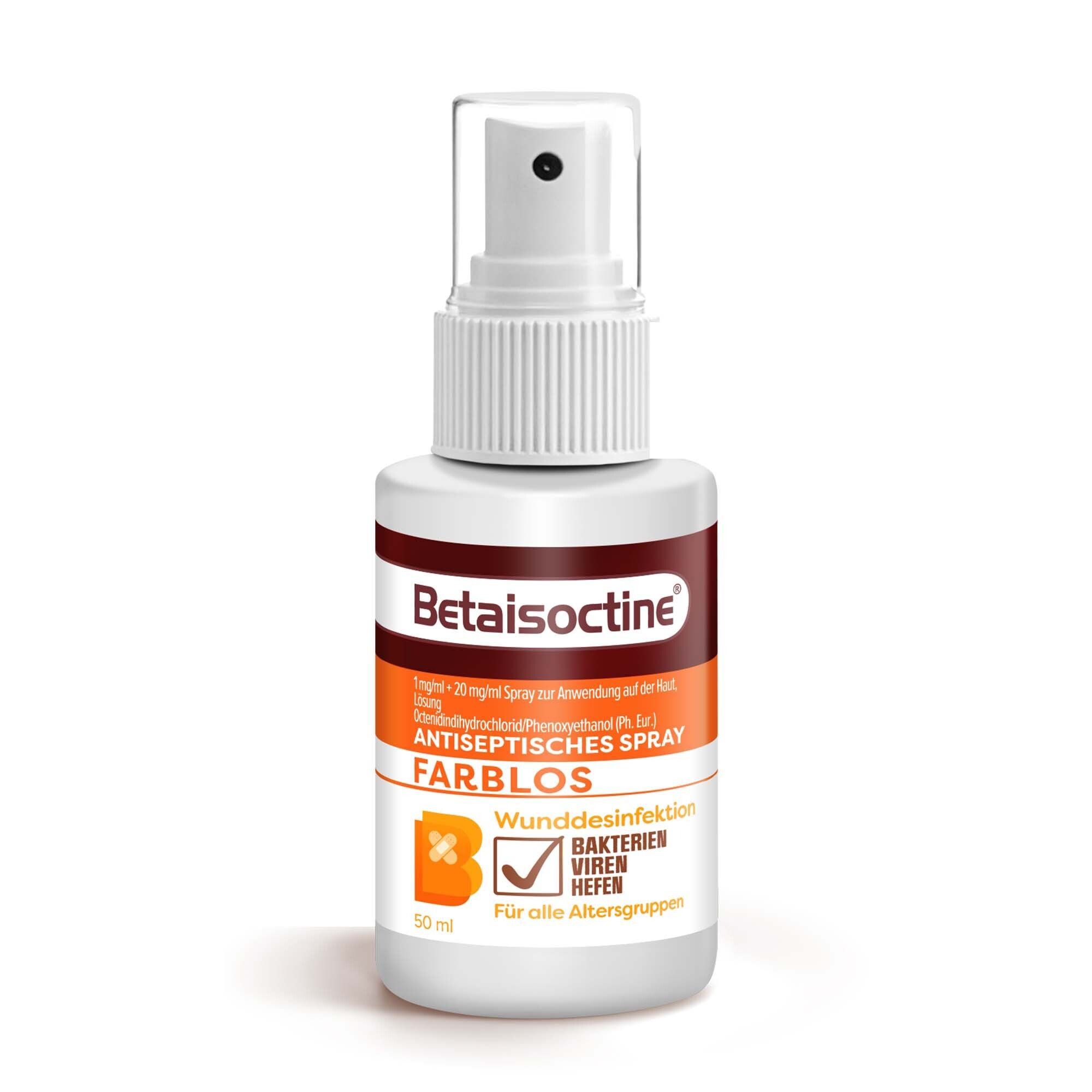 Betaisoctine Antiseptisches Spray Farblos. Weiße Flasche mit Sprühkopf. Orangefarbener Aufkleber mit Produktinformationen.