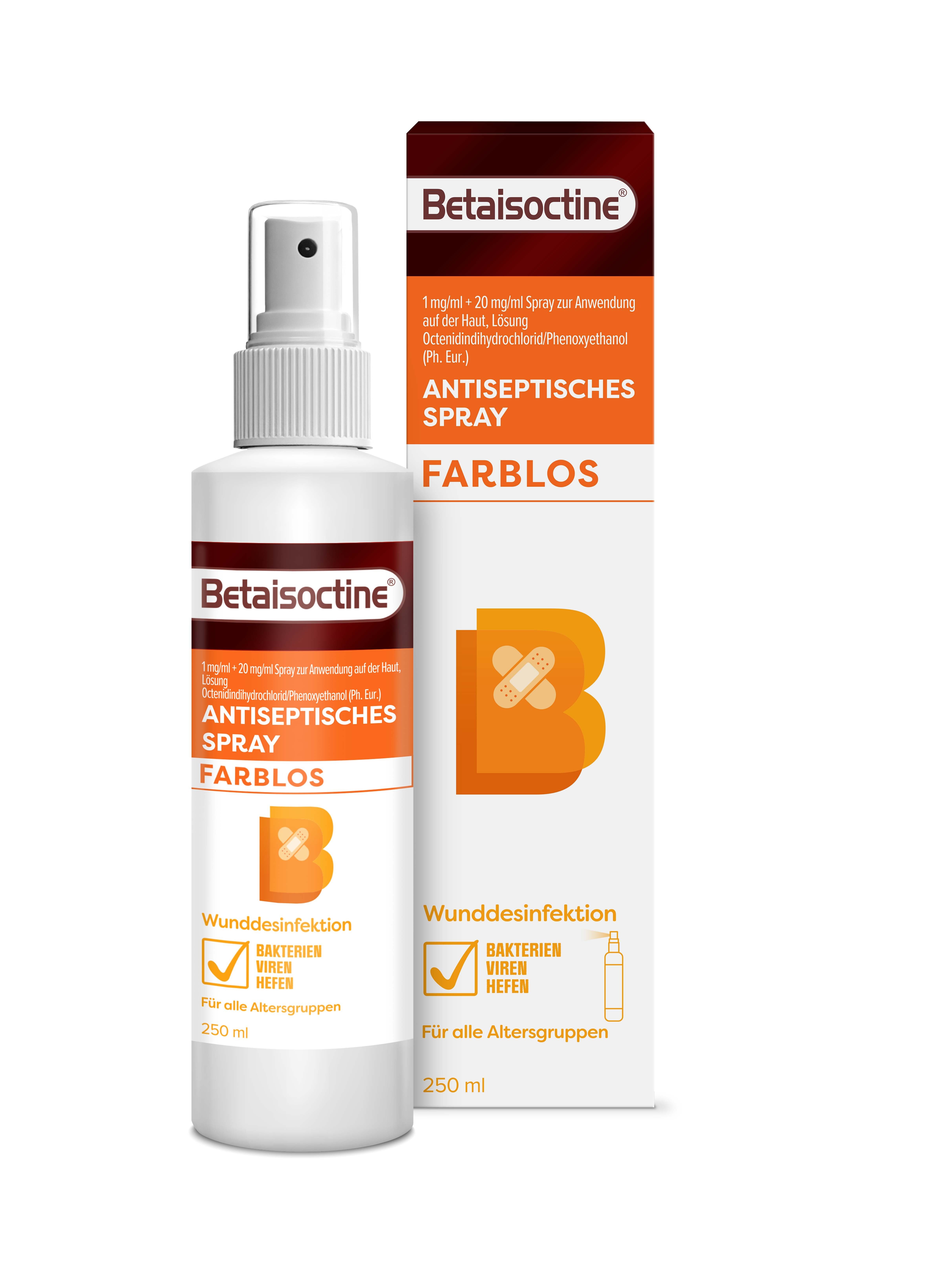 Antiseptisches Spray, farblos, mit Sprühkopf und Verpackung. Aufschrift: Betaisoctine, Antiseptisches Spray, Wunddesinfektion.