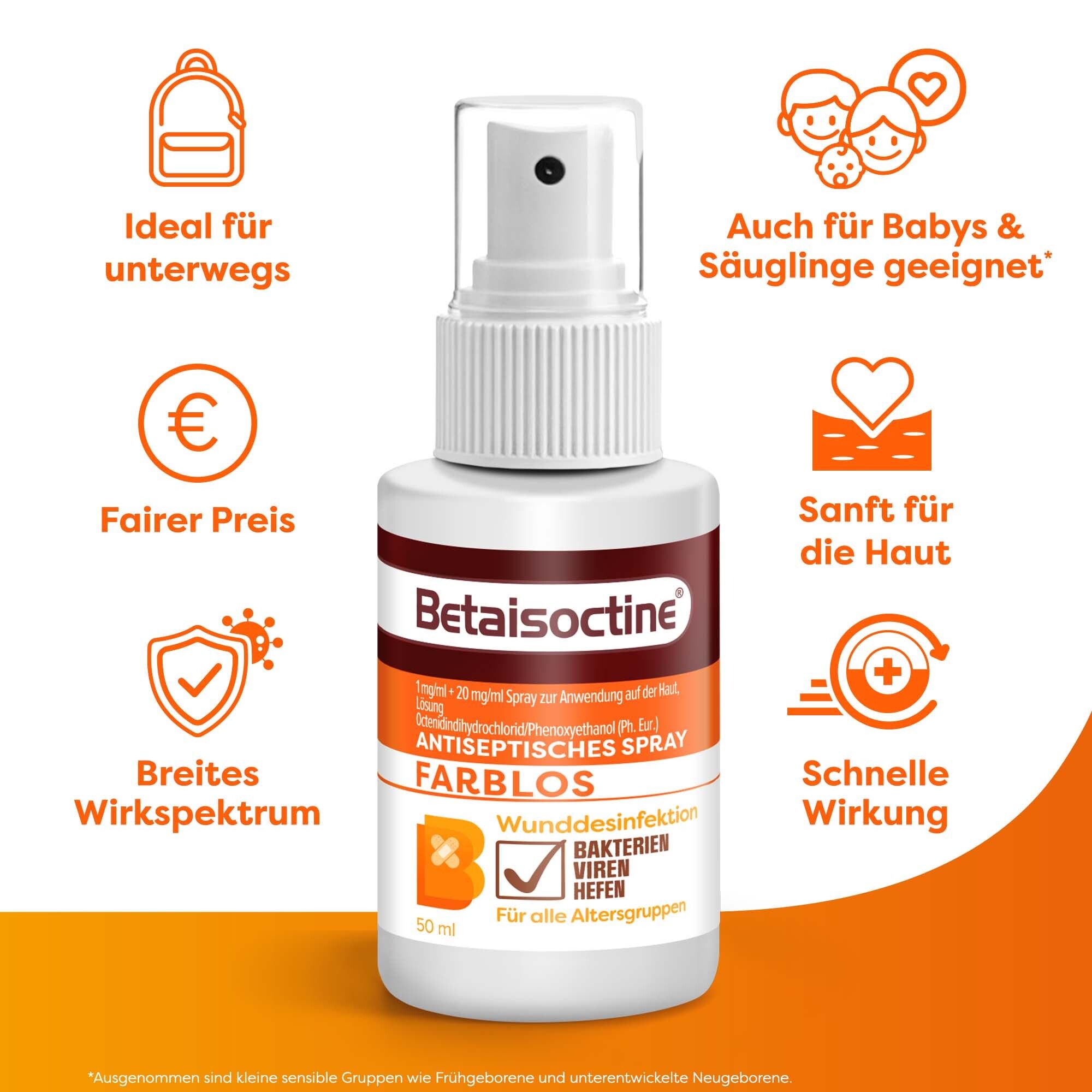 Produkt: Betaisoctine Antiseptisches Spray Farblos. Text: Auch für Babys & Säuglinge geeignet. Text: Schnelle Wirkung. Text: Breites Wirkspektrum.