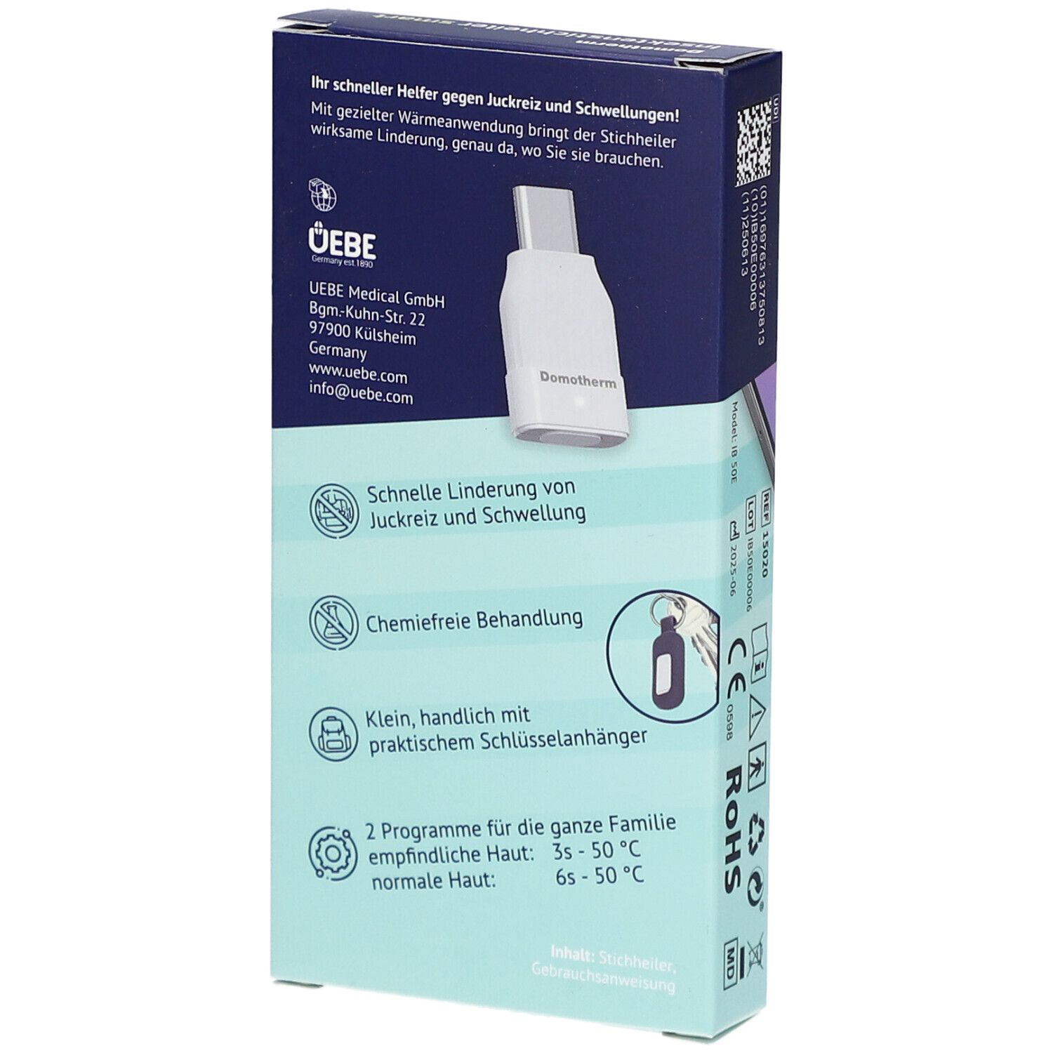 Rückseite der Verpackung von Domotherm Insektenstichheiler smart. Text: Schnelle Linderung von Juckreiz und Schwellung.